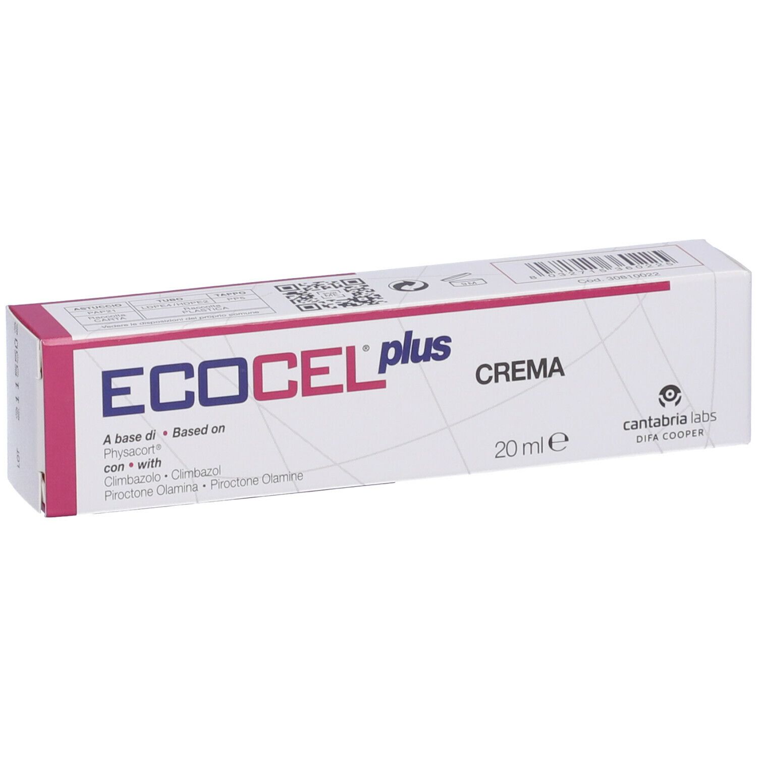 Confezione Ecocel Plus Crema. Nome del prodotto, ingredienti e 20ml visibili.