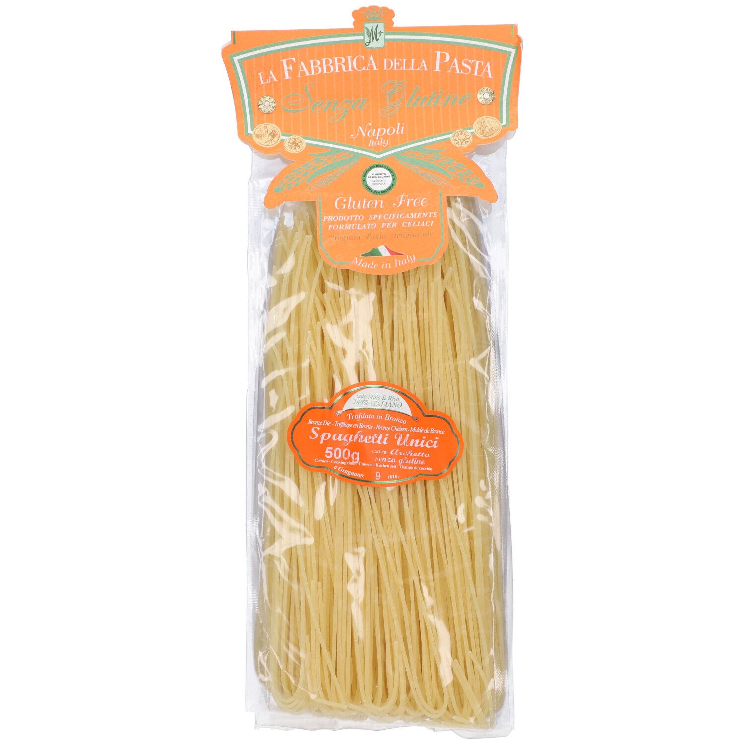 Confezione di Spaghetti Casarecci Senza Glutine. Visibile: nome prodotto, etichetta senza glutine, 500g.