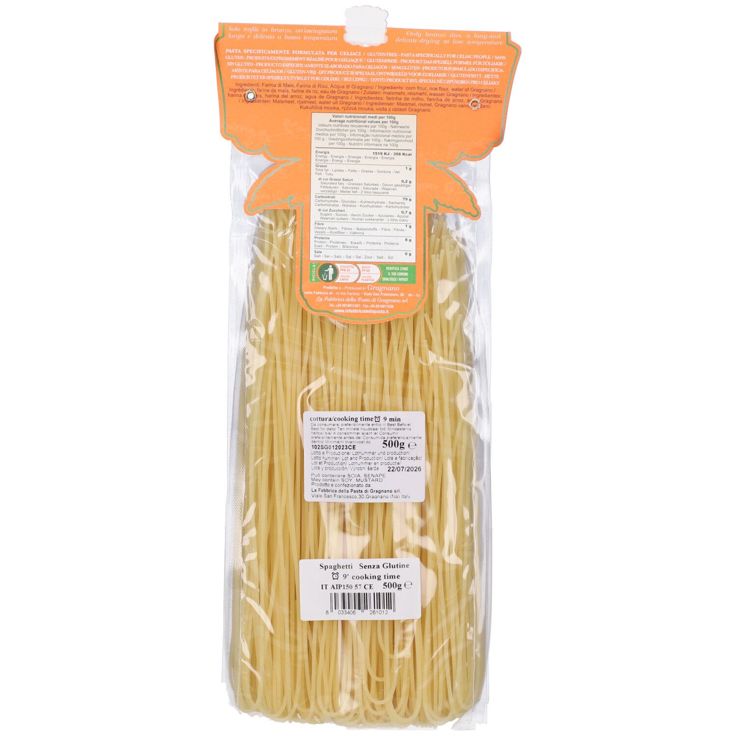Retro della confezione di Spaghetti Casarecci Senza Glutine. Informazioni e valori nutrizionali.