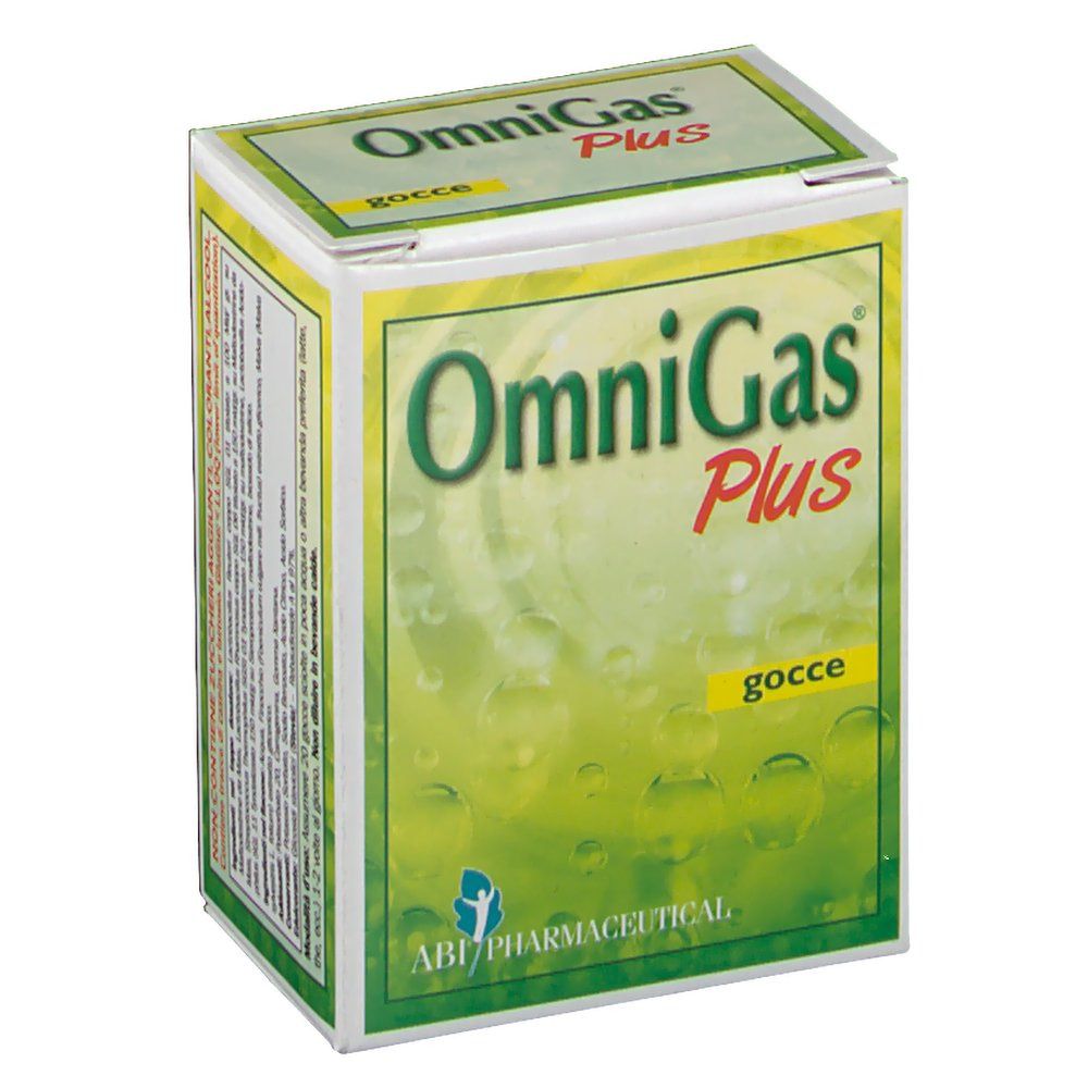 Boîte OmniGas Plus Gocce. Emballage vert et blanc avec nom et logo du produit. Logo ABI Pharmaceutical en bas.