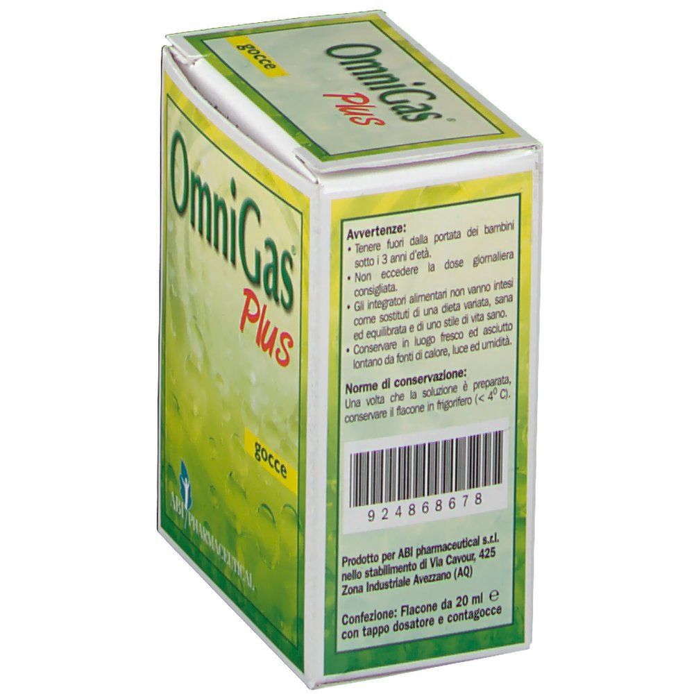 Dos de la boîte OmniGas Plus Gocce. Texte avec avertissements et informations sur le contenu. Code-barres et informations du fabricant.
