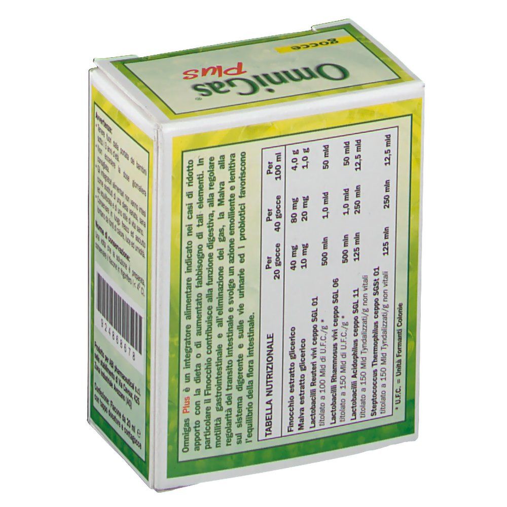 Côté de la boîte OmniGas Plus Gocce. Texte avec informations nutritionnelles. Code-barres et informations du fabricant.