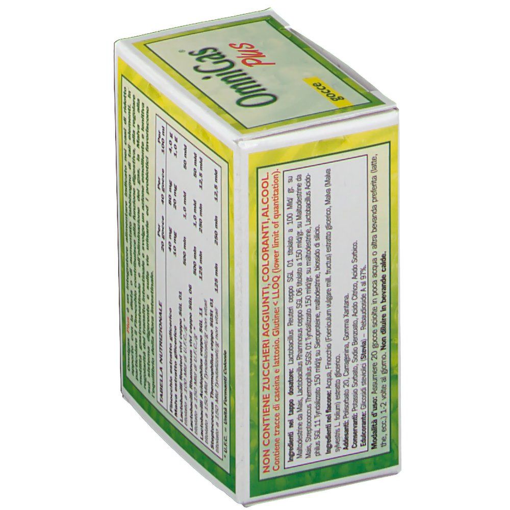 Côté de la boîte OmniGas Plus Gocce. Texte avec ingrédients et avertissements. Informations du fabricant.