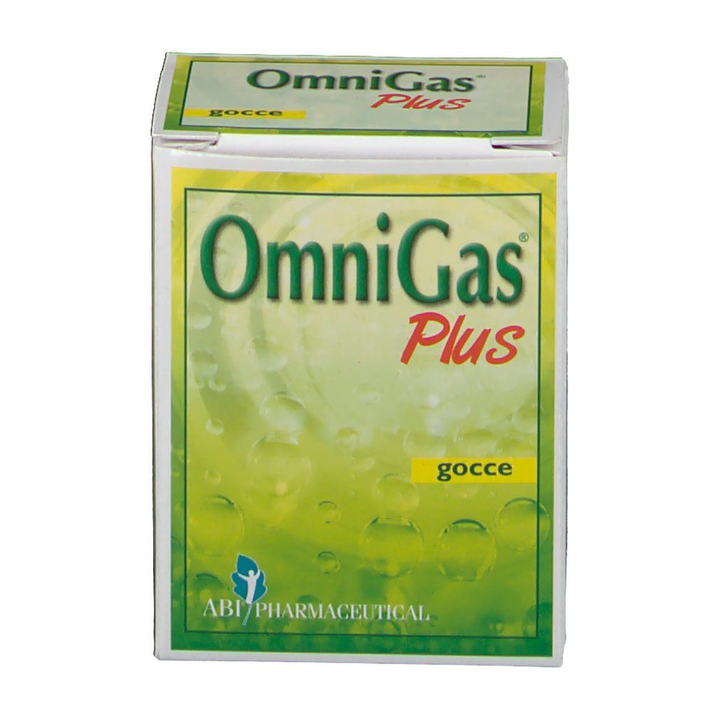 Vue de face de la boîte OmniGas Plus Gocce. Boîte verte et blanche avec nom et logo du produit. Logo ABI Pharmaceutical en bas.