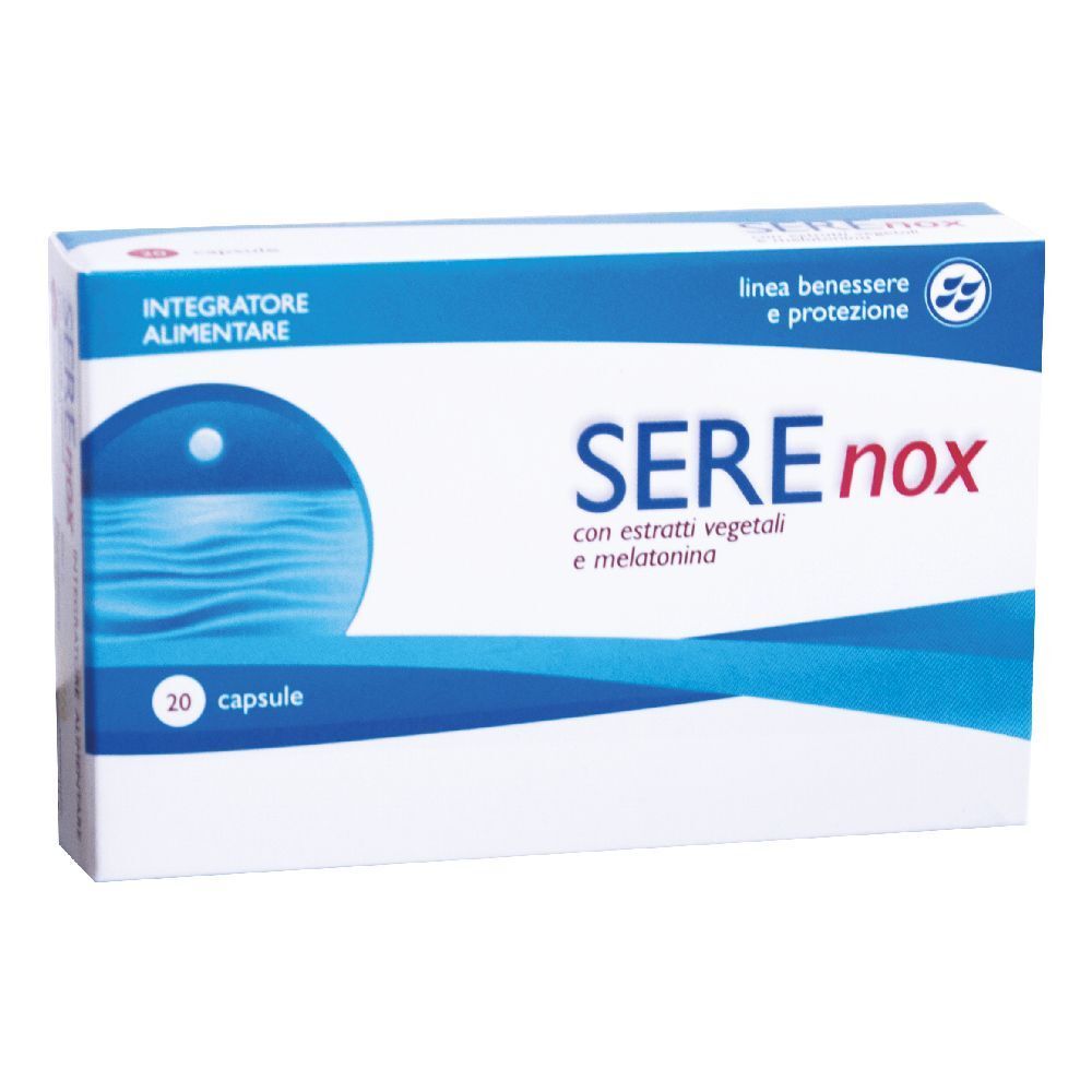 Scatola bianca con banda blu. Scritta SEREnox, 20 capsule. Contiene estratti vegetali e melatonina.