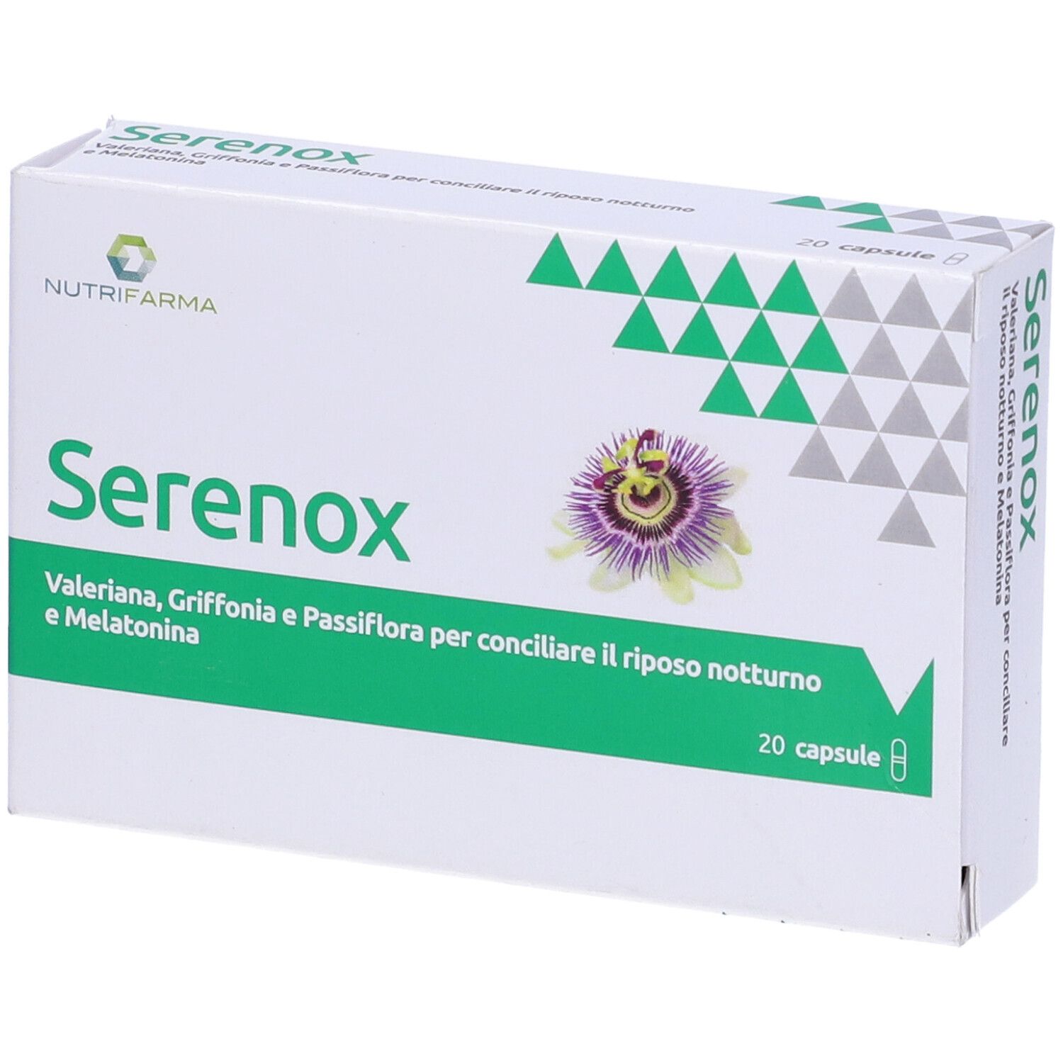 Scatola bianca con design verde. Scritta SerenoX, 20 capsule. Contiene Valeriana, Griffonia, Passiflora e Melatonina.