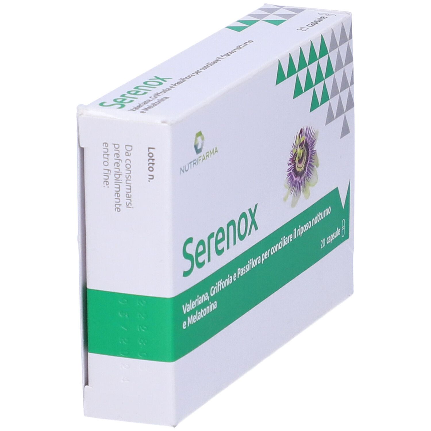 Scatola con design verde. Scritta SerenoX, 20 capsule. Contiene Valeriana, Griffonia, Passiflora e Melatonina. Vista laterale.