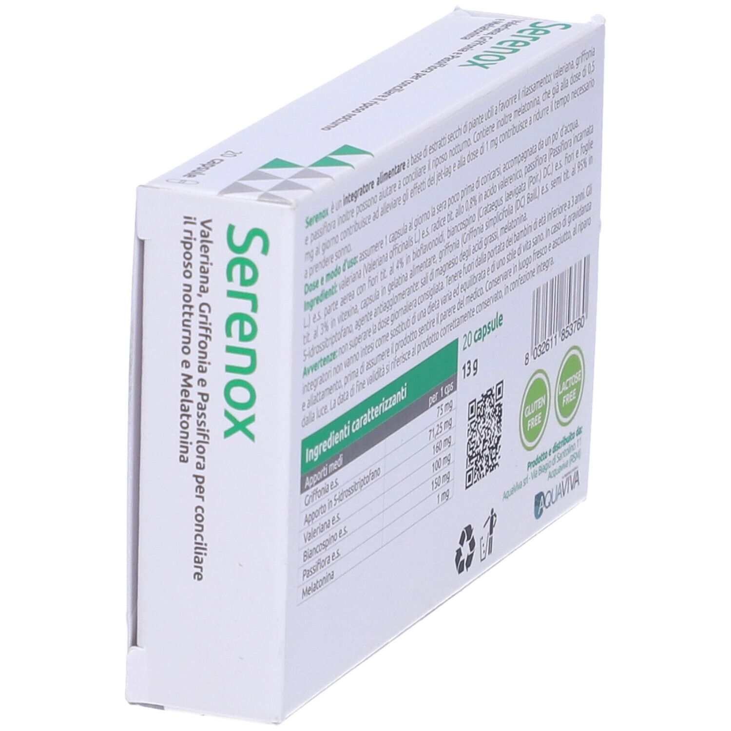 Scatola con design verde. Scritta SerenoX, 20 capsule. Contiene Valeriana, Griffonia, Passiflora e Melatonina. Vista laterale.