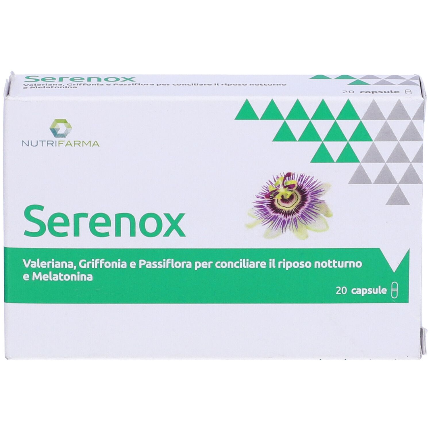 Scatola bianca con design verde. Scritta SerenoX, 20 capsule. Contiene Valeriana, Griffonia, Passiflora e Melatonina.