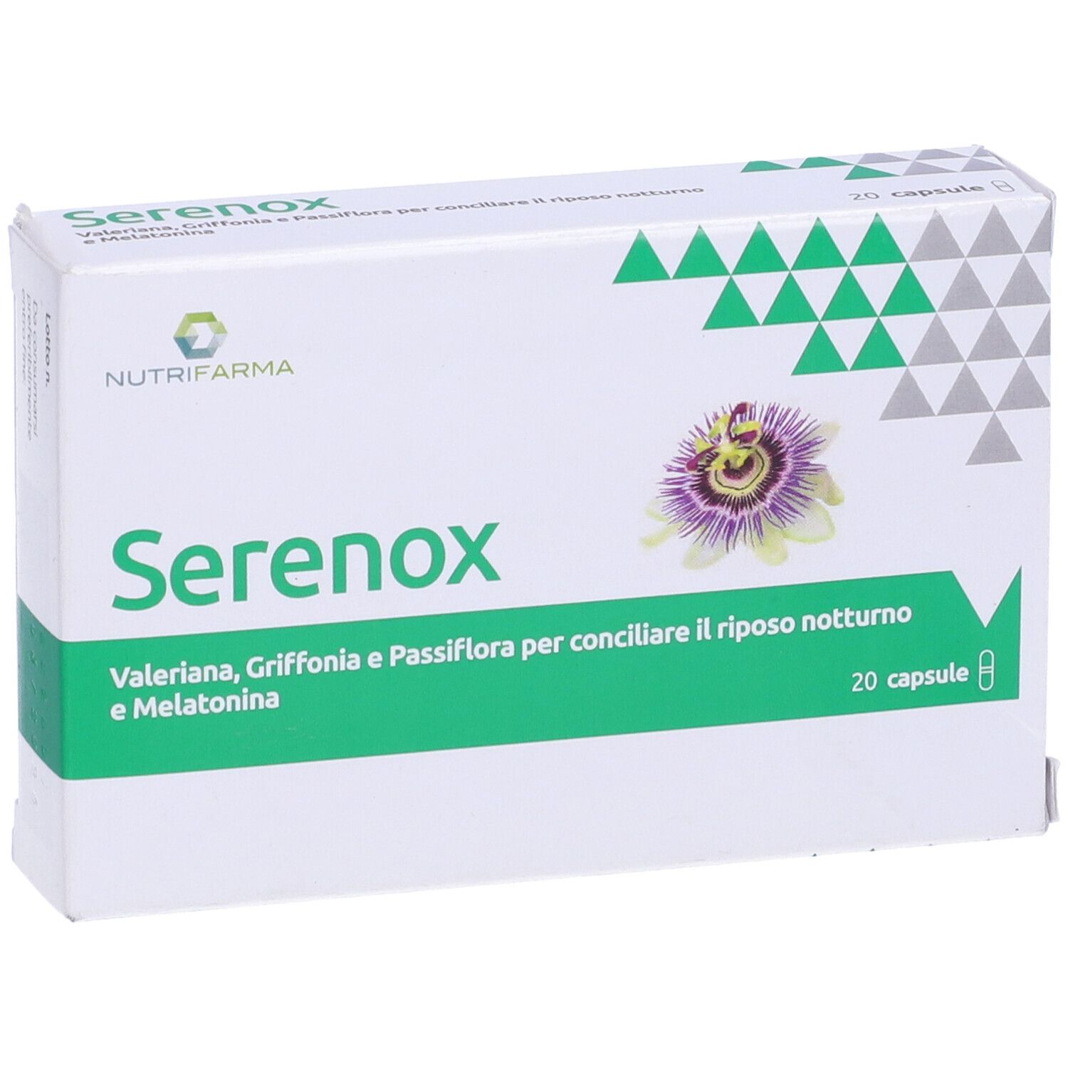Scatola bianca con design verde. Scritta SerenoX, 20 capsule. Contiene Valeriana, Griffonia, Passiflora e Melatonina.