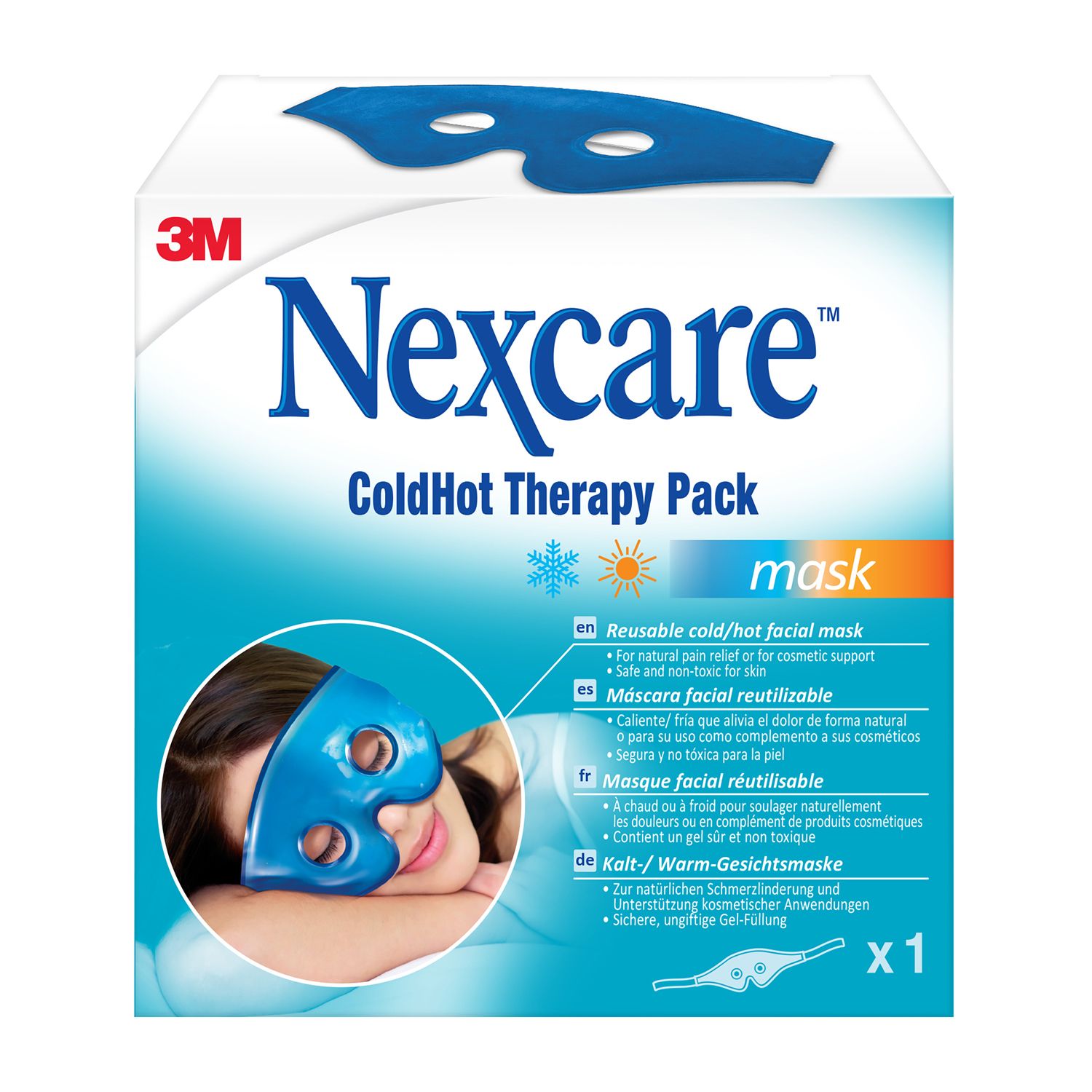 Maschera facciale blu. Marchio: Nexcare. Testo: ColdHot Therapy Pack Mask. Confezione con immagine del prodotto.