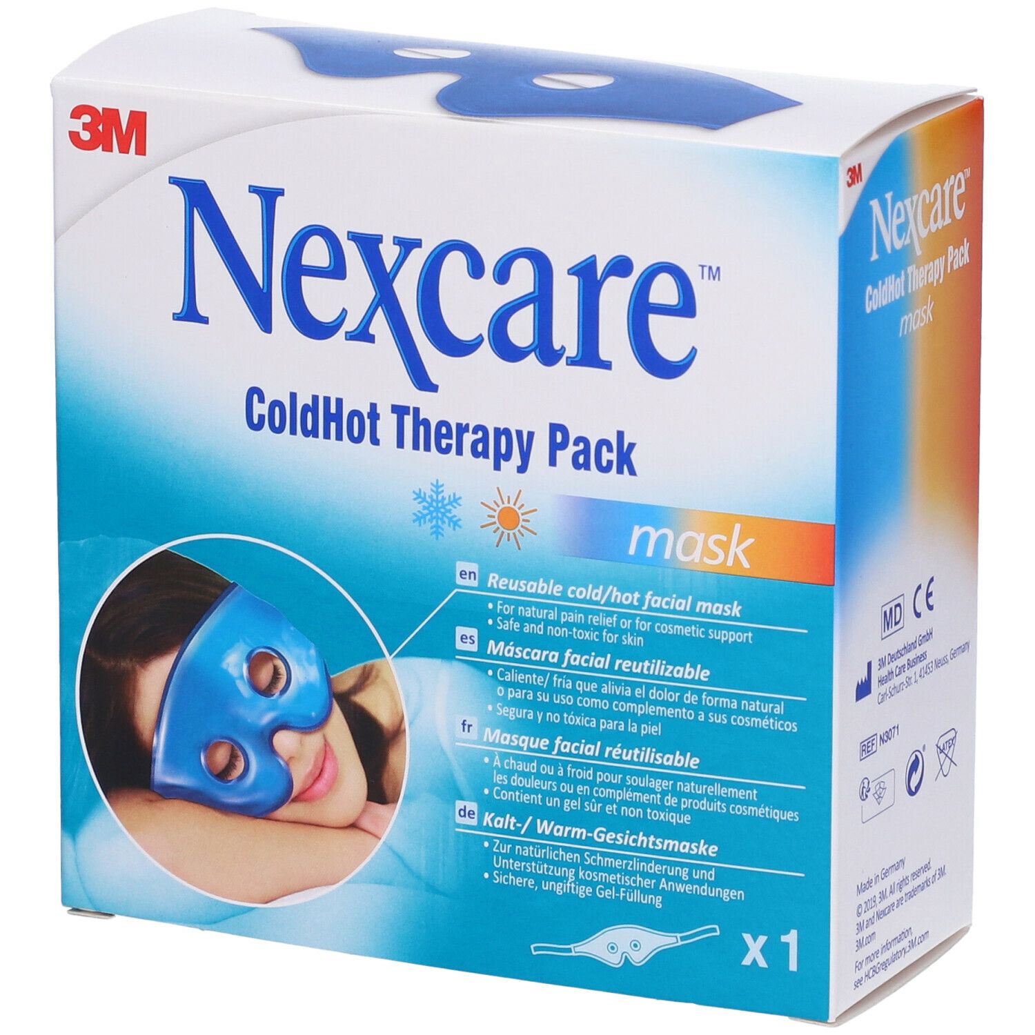 Confezione maschera facciale. Marchio: Nexcare. Testo: ColdHot Therapy Pack Mask. Confezione con immagine del prodotto. x1.
