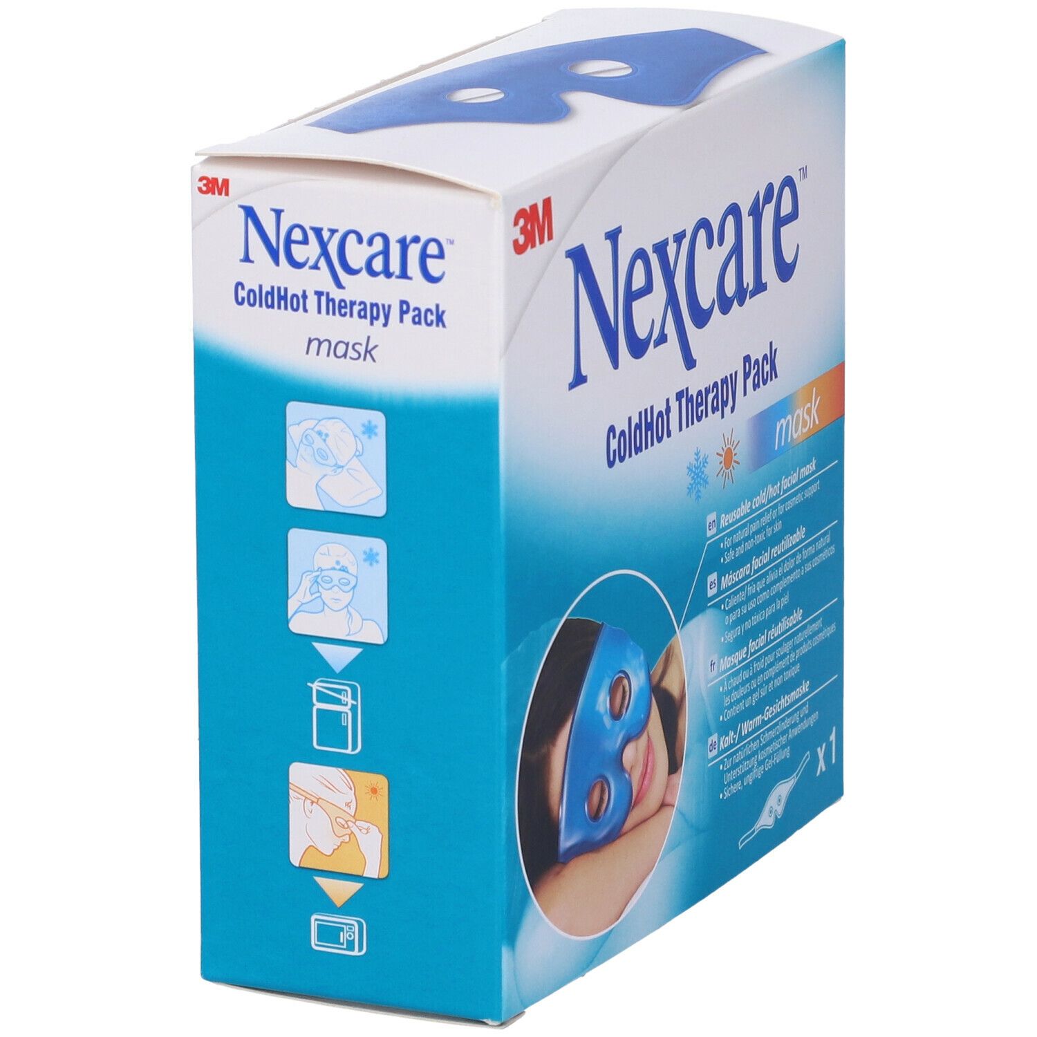 Confezione. Marchio: Nexcare. Testo: ColdHot Therapy Pack Mask. Immagine del prodotto. x1. Turchese e bianco.