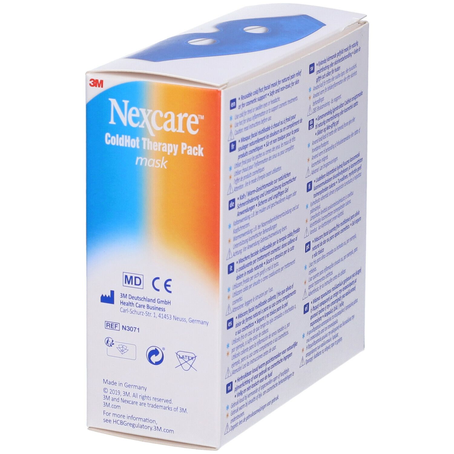Retro della confezione. Marchio: Nexcare. Testo: ColdHot Therapy Pack Mask. Marchio CE medico.