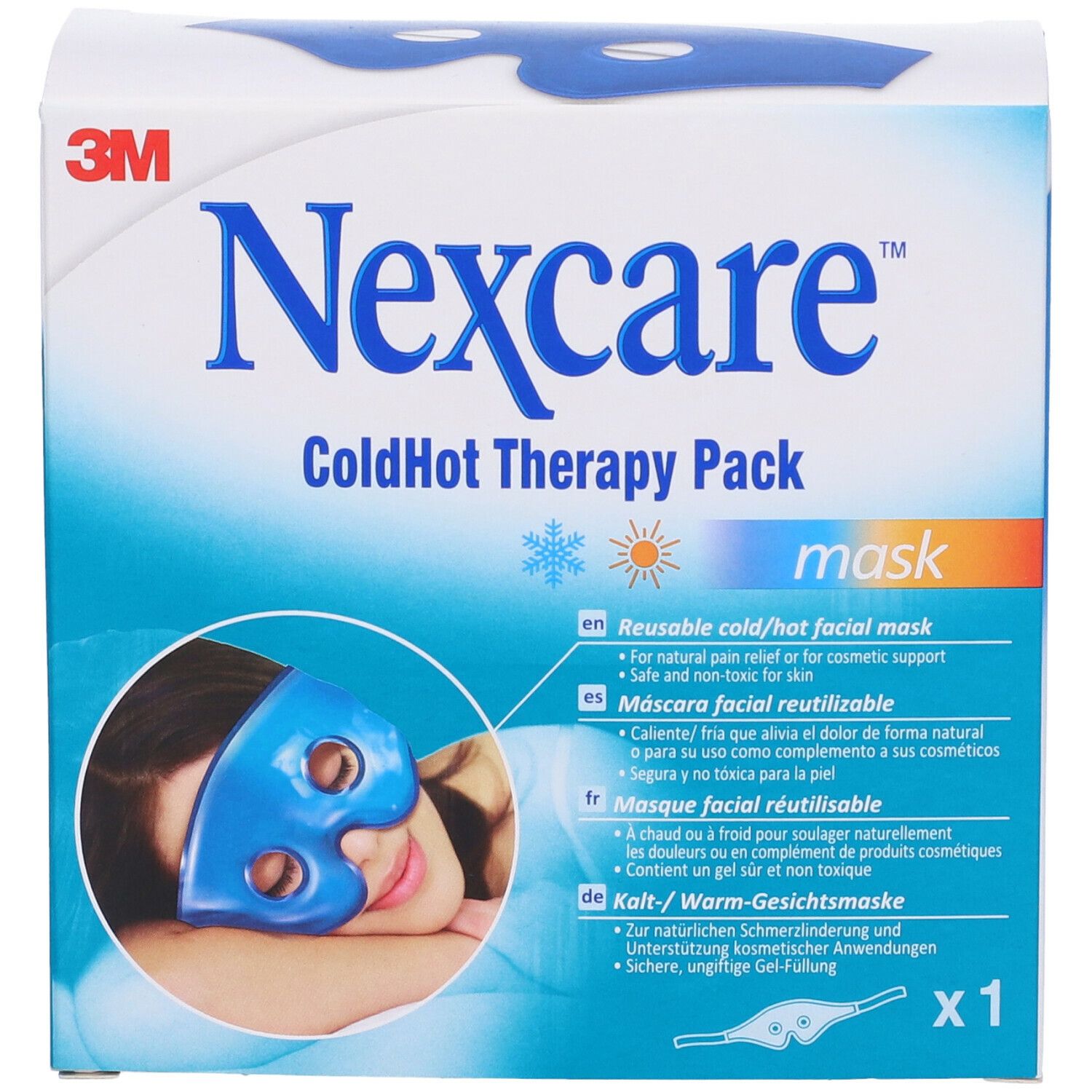 Confezione maschera facciale. Marchio: Nexcare. Testo: ColdHot Therapy Pack Mask. Confezione con immagine del prodotto. x1.