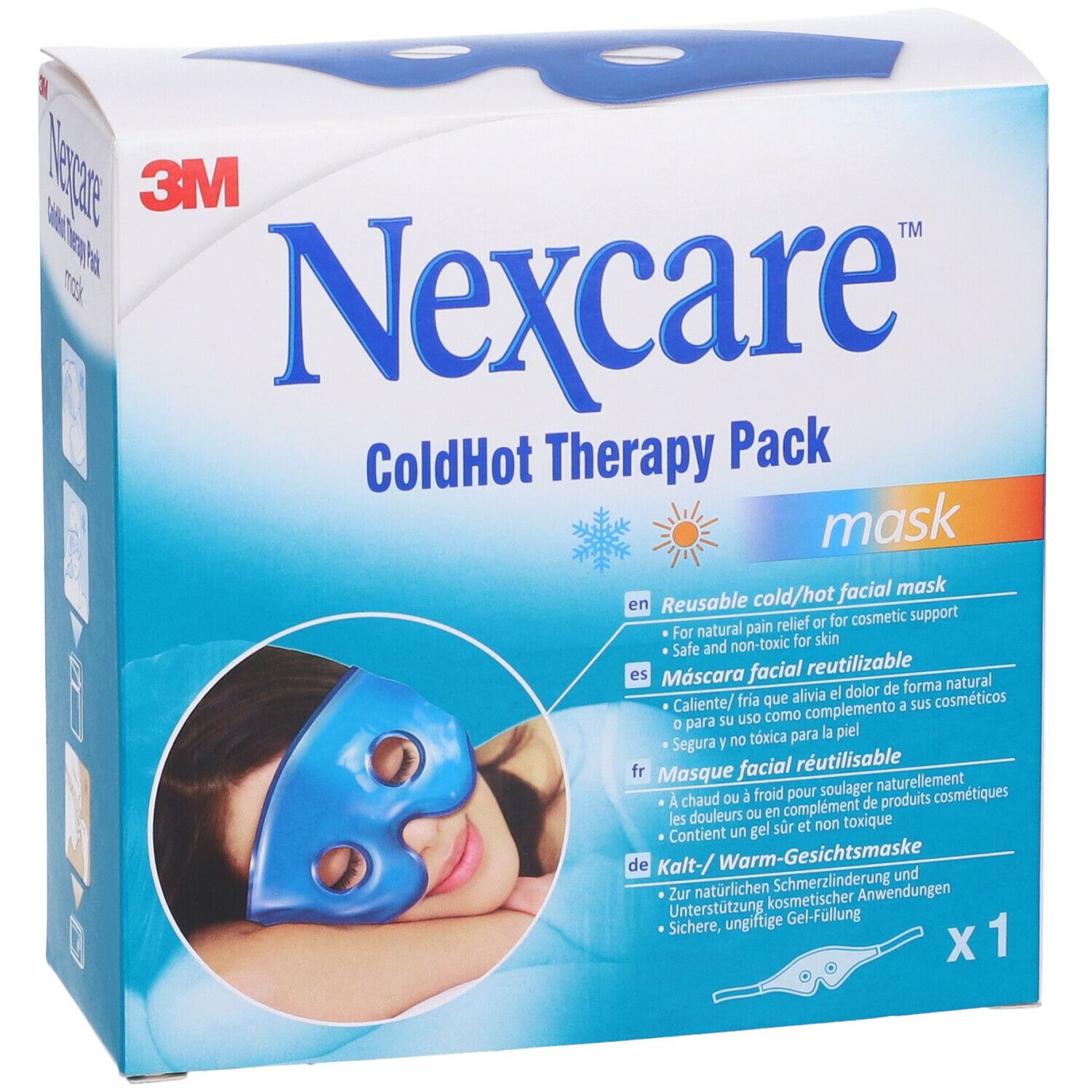 Confezione maschera facciale. Marchio: Nexcare. Testo: ColdHot Therapy Pack Mask. Confezione con immagine del prodotto. x1.