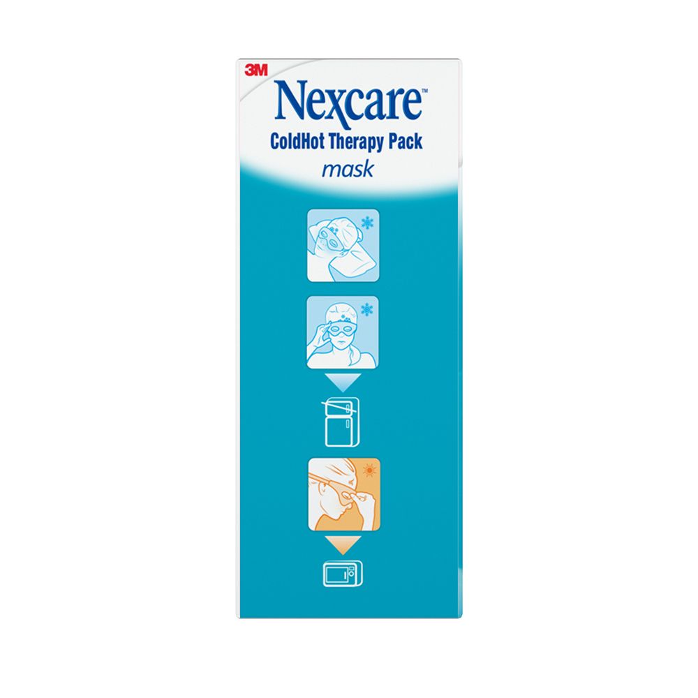 Confezione con illustrazioni del prodotto. Marchio: Nexcare. Testo: ColdHot Therapy Pack Mask. Confezione turchese e bianca.