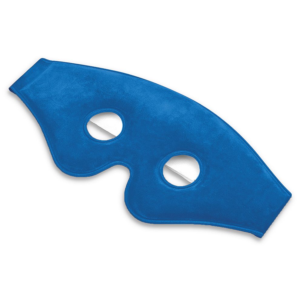 Maschera facciale blu. Due aperture per gli occhi. Materiale morbido. Marchio: Nexcare. Testo: ColdHot Therapy Pack Mask.