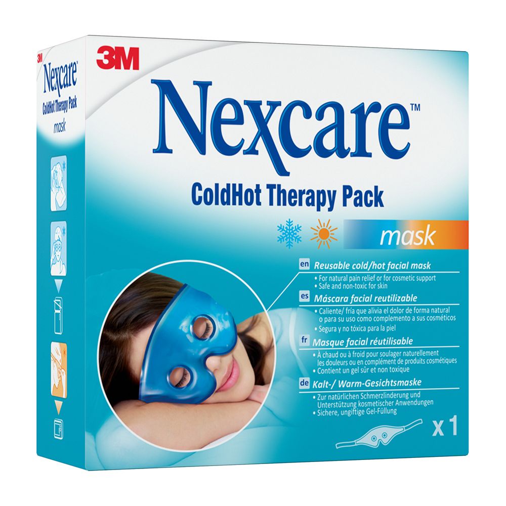 Confezione maschera facciale. Marchio: Nexcare. Testo: ColdHot Therapy Pack Mask. Confezione con immagine del prodotto. x1.