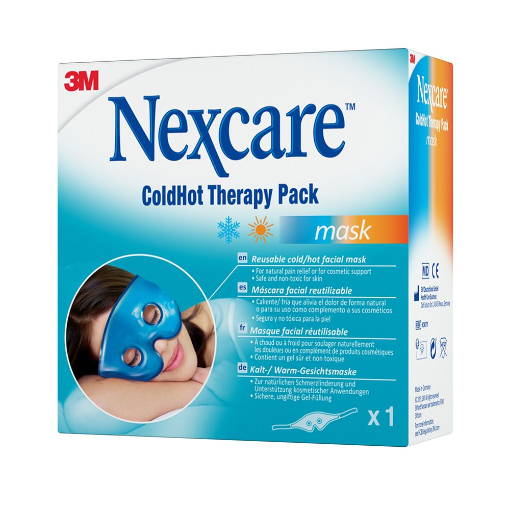 Confezione maschera facciale. Marchio: Nexcare. Testo: ColdHot Therapy Pack Mask. Confezione con immagine del prodotto. x1.