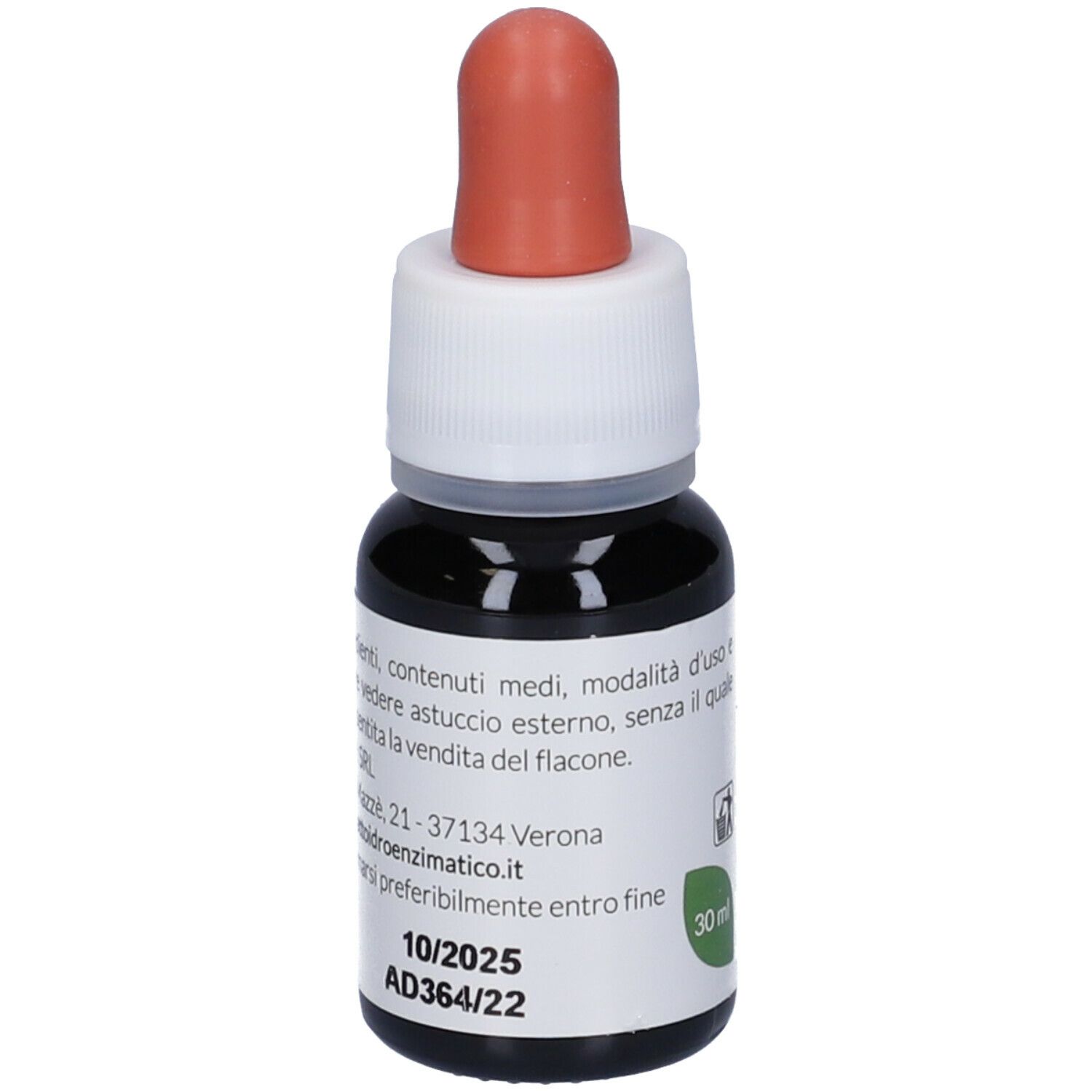 Flacone marrone con contagocce. Etichetta con testo, 30 ml e scadenza. Tappo contagocce arancione.
