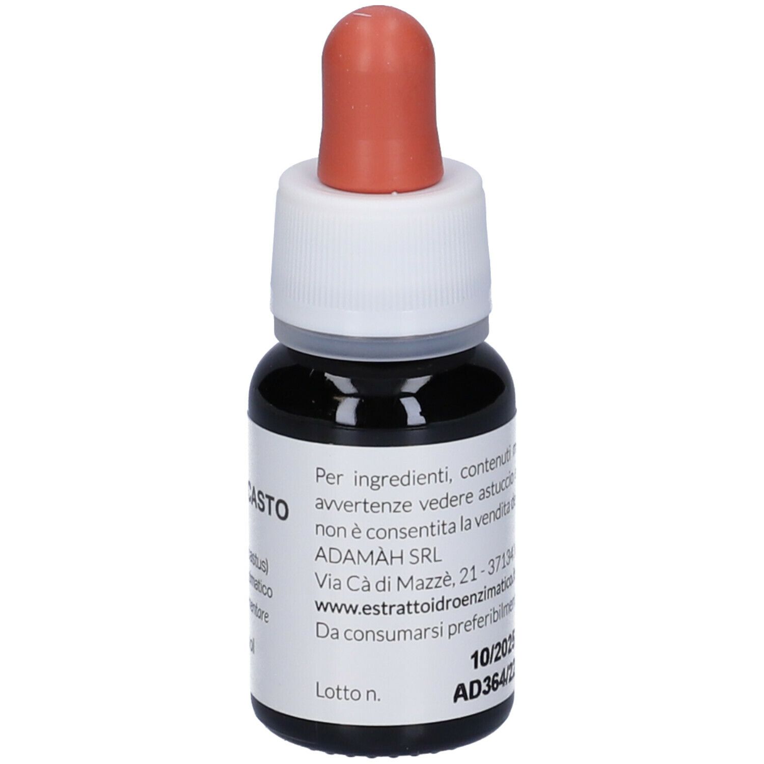 Flacone marrone con contagocce. Etichetta con testo, 30 ml e numero di lotto. Tappo contagocce arancione.