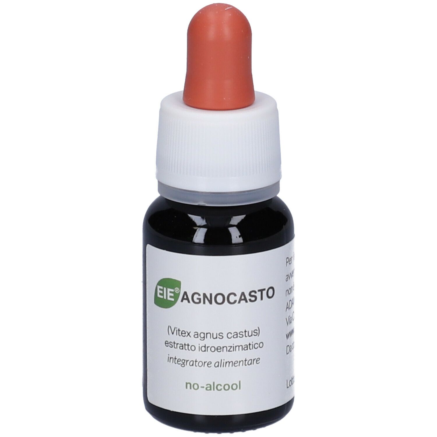 Flacone marrone con contagocce. Etichetta con testo, 30 ml e nome prodotto. Tappo contagocce arancione.