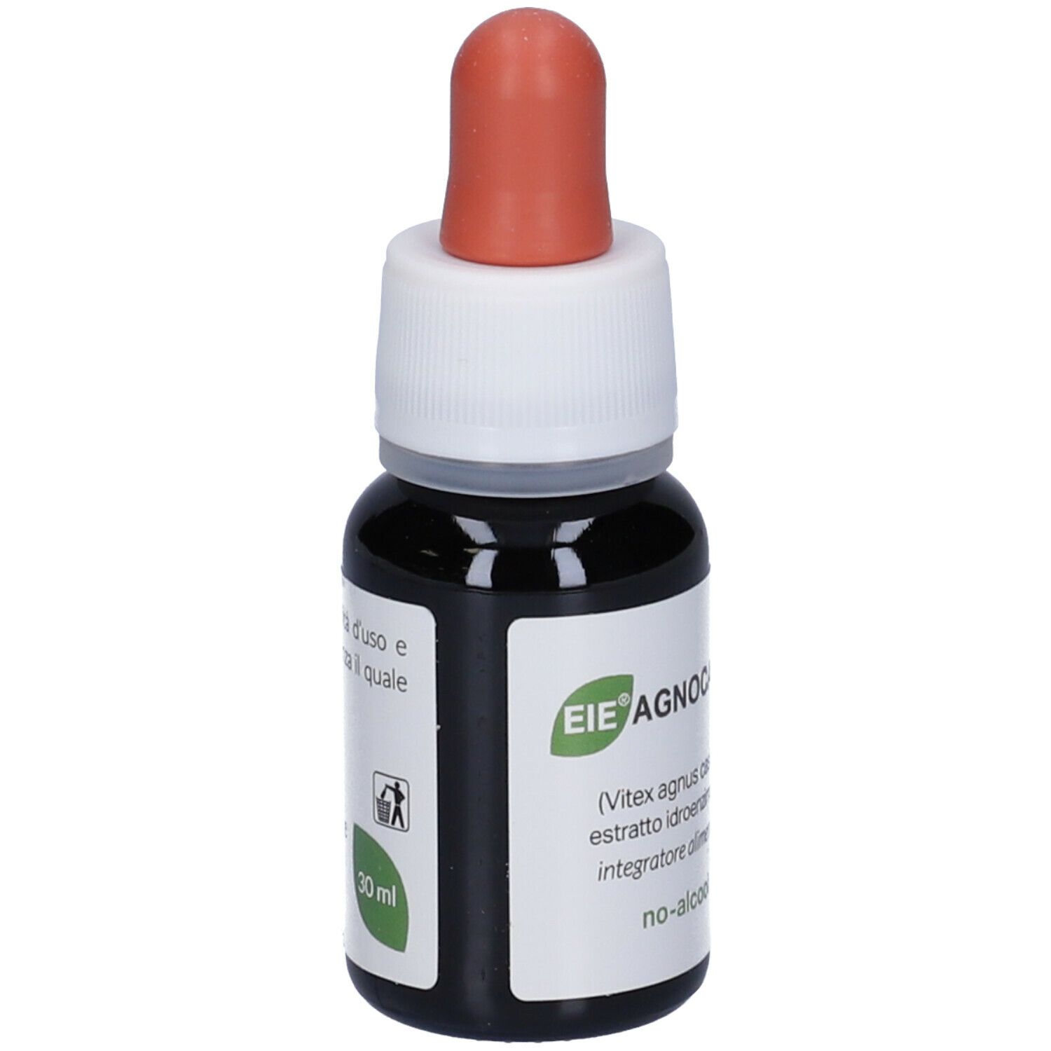 Flacone marrone con contagocce. Etichetta con testo, 30 ml e nome prodotto. Tappo contagocce arancione.
