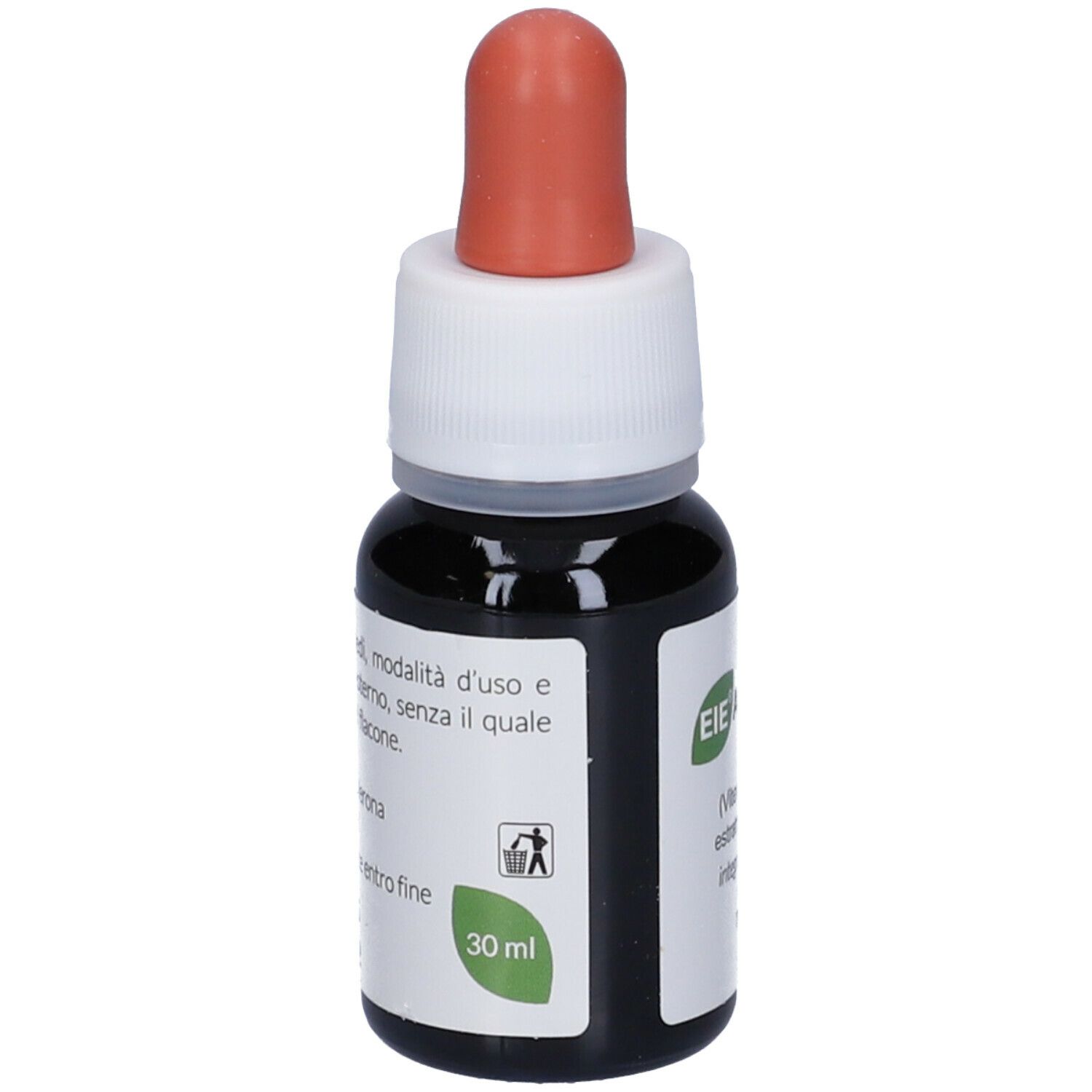 Flacone marrone con contagocce. Etichetta con testo, 30 ml e nome prodotto. Tappo contagocce arancione.