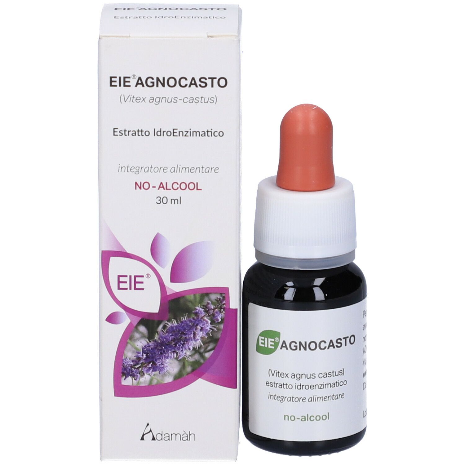 Flacone e confezione. Flacone con contagocce, confezione con testo e logo. Indicazione 30 ml.
