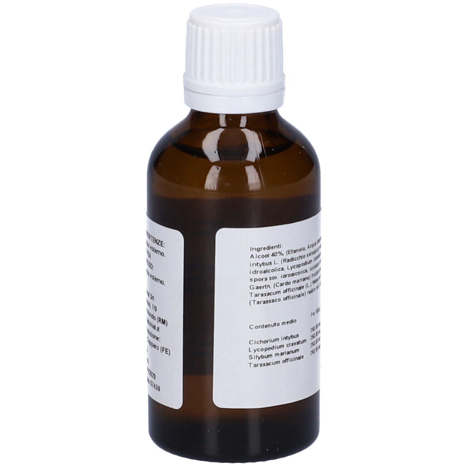Flacone di vetro marrone con tappo bianco. Etichetta con ingredienti e testo. Contagocce.