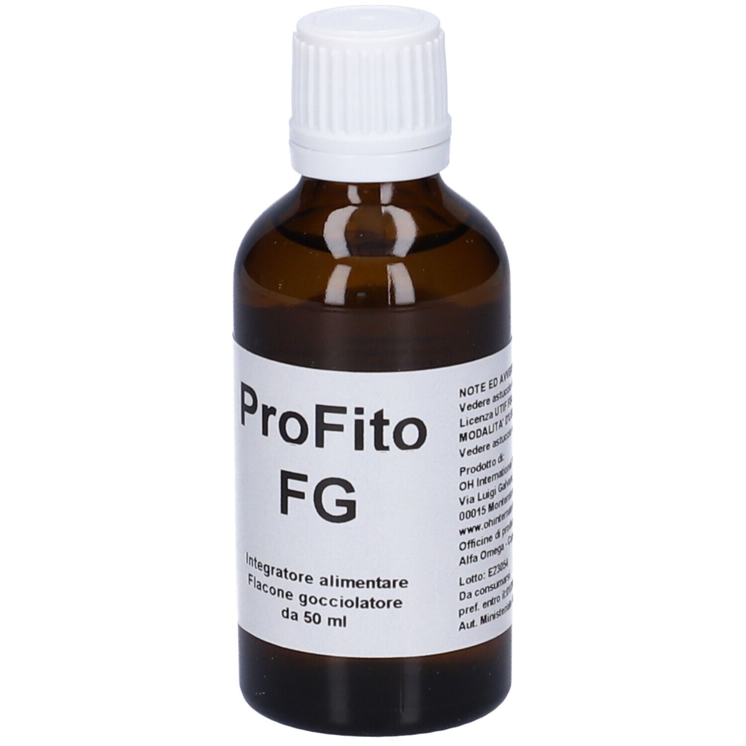 Flacone di vetro marrone con tappo bianco. Etichetta con nome e testo. Contagocce.