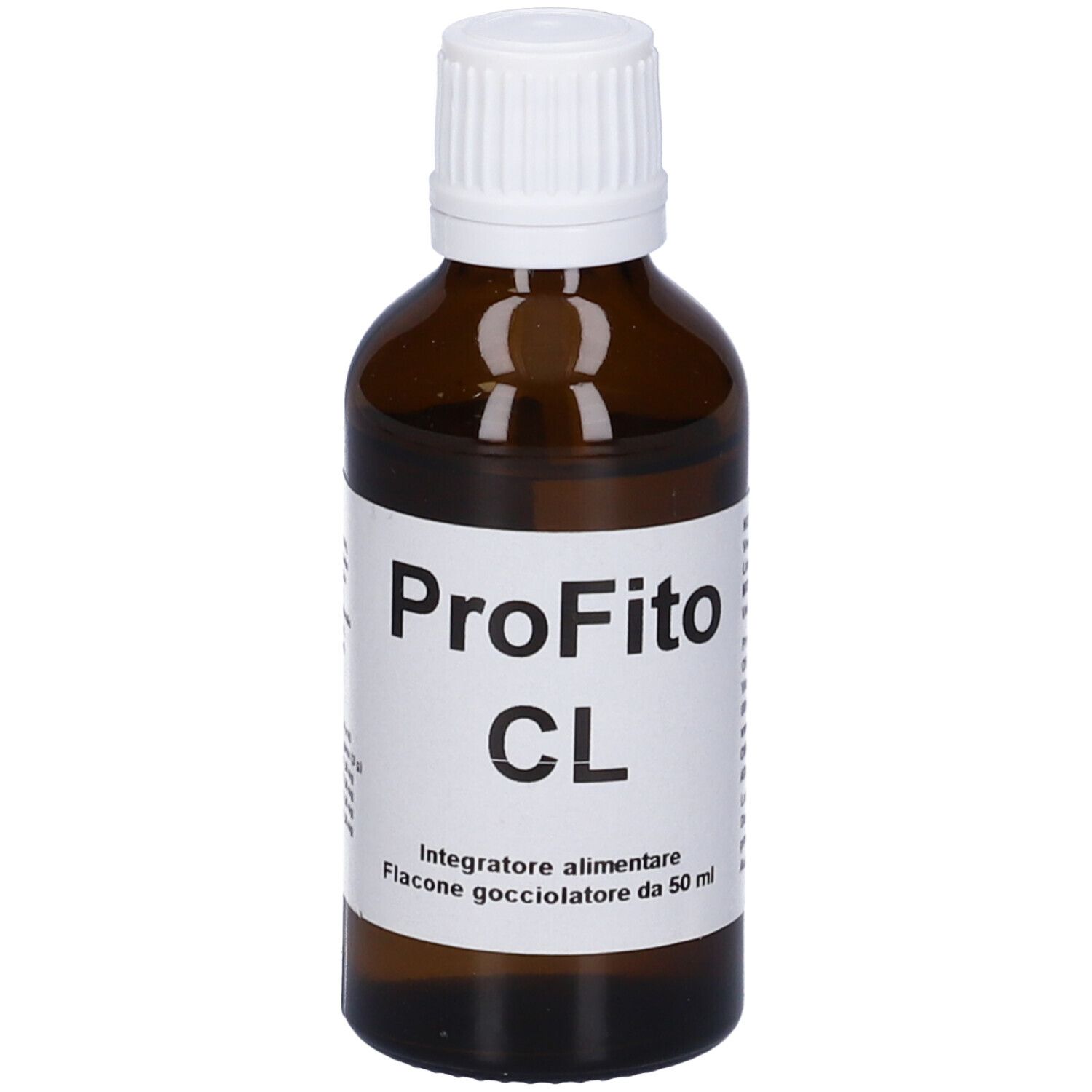 Braune Glasflasche mit weißem Verschluss. Etikett mit Produktnamen: Profito CL. Flasche mit 50 ml.