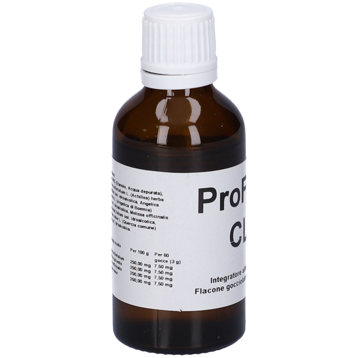 Braune Glasflasche mit weißem Verschluss. Etikett mit Produktnamen: Profito CL. Flasche mit 50 ml.