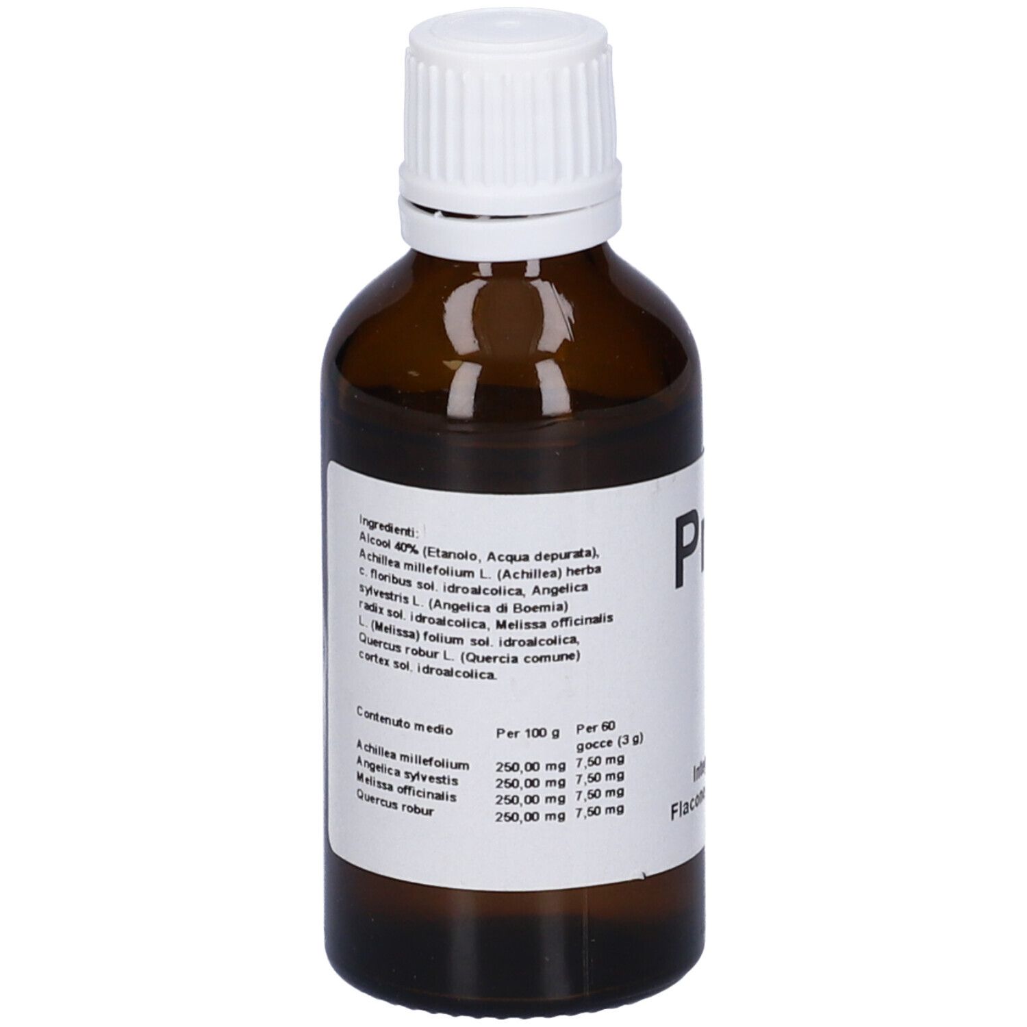 Braune Glasflasche mit weißem Verschluss. Etikett mit Produktnamen: Profito CL. Flasche mit 50 ml.
