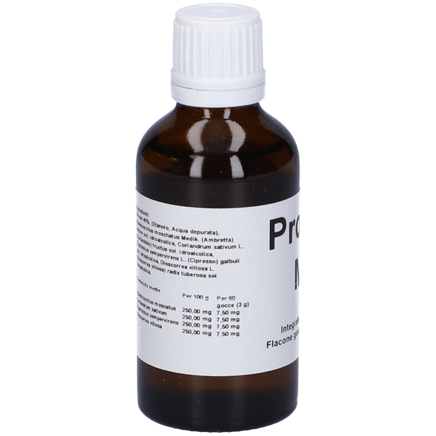 Flacone vetro marrone con tappo bianco. Etichetta con ingredienti e ProFito MP.