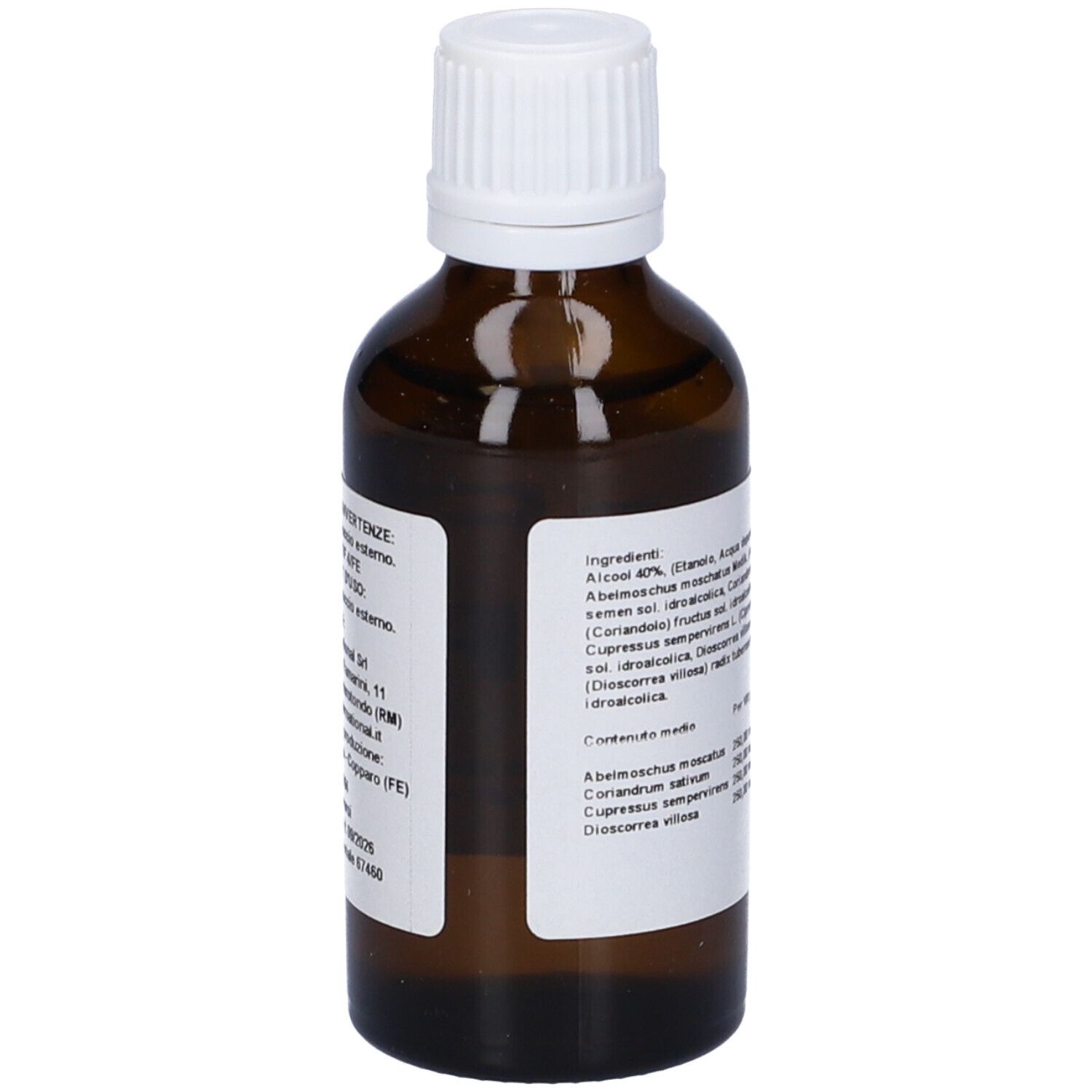 Flacone vetro marrone con tappo bianco. Etichetta con ingredienti e ProFito MP.