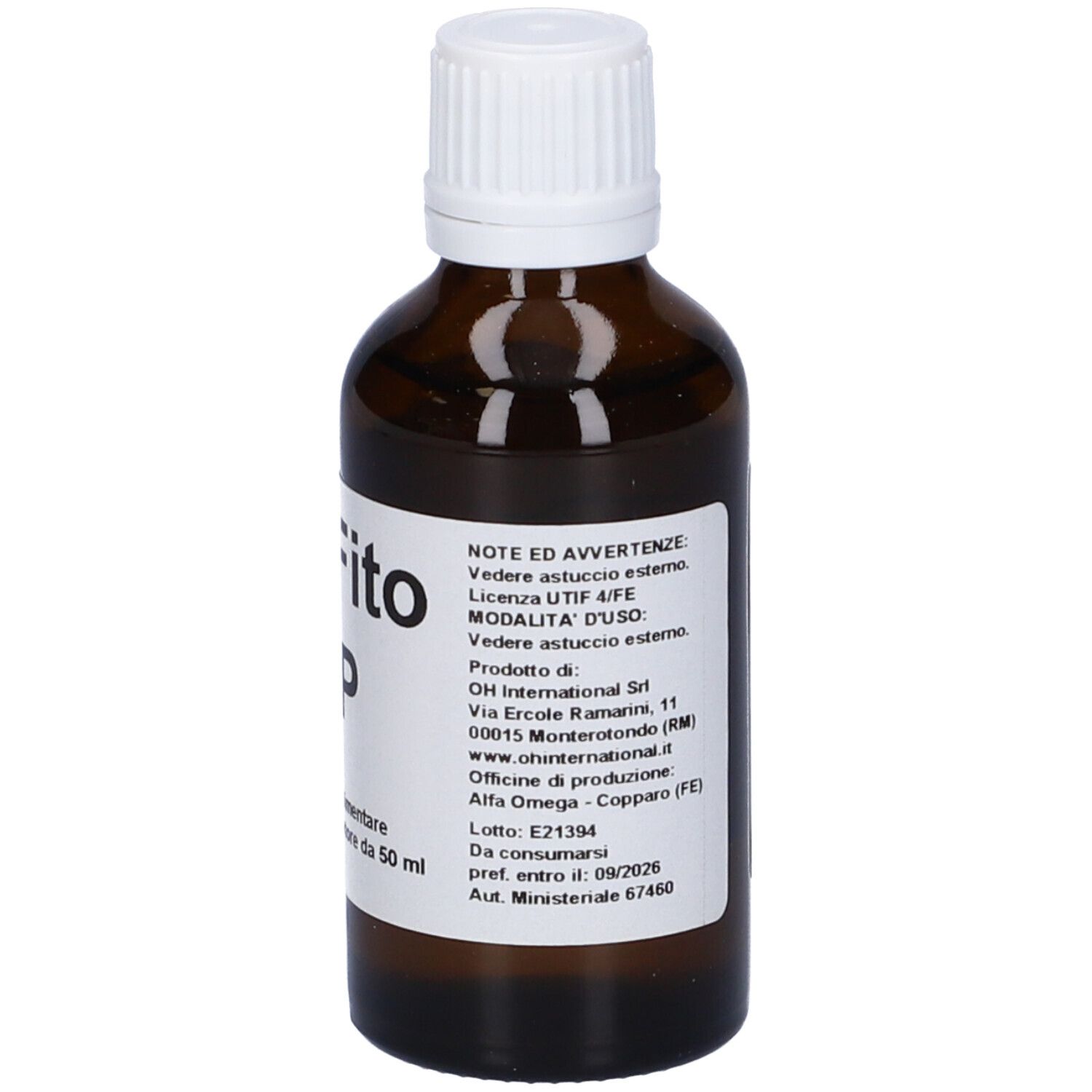 Flacone vetro marrone con tappo bianco. Etichetta con ingredienti e ProFito MP.