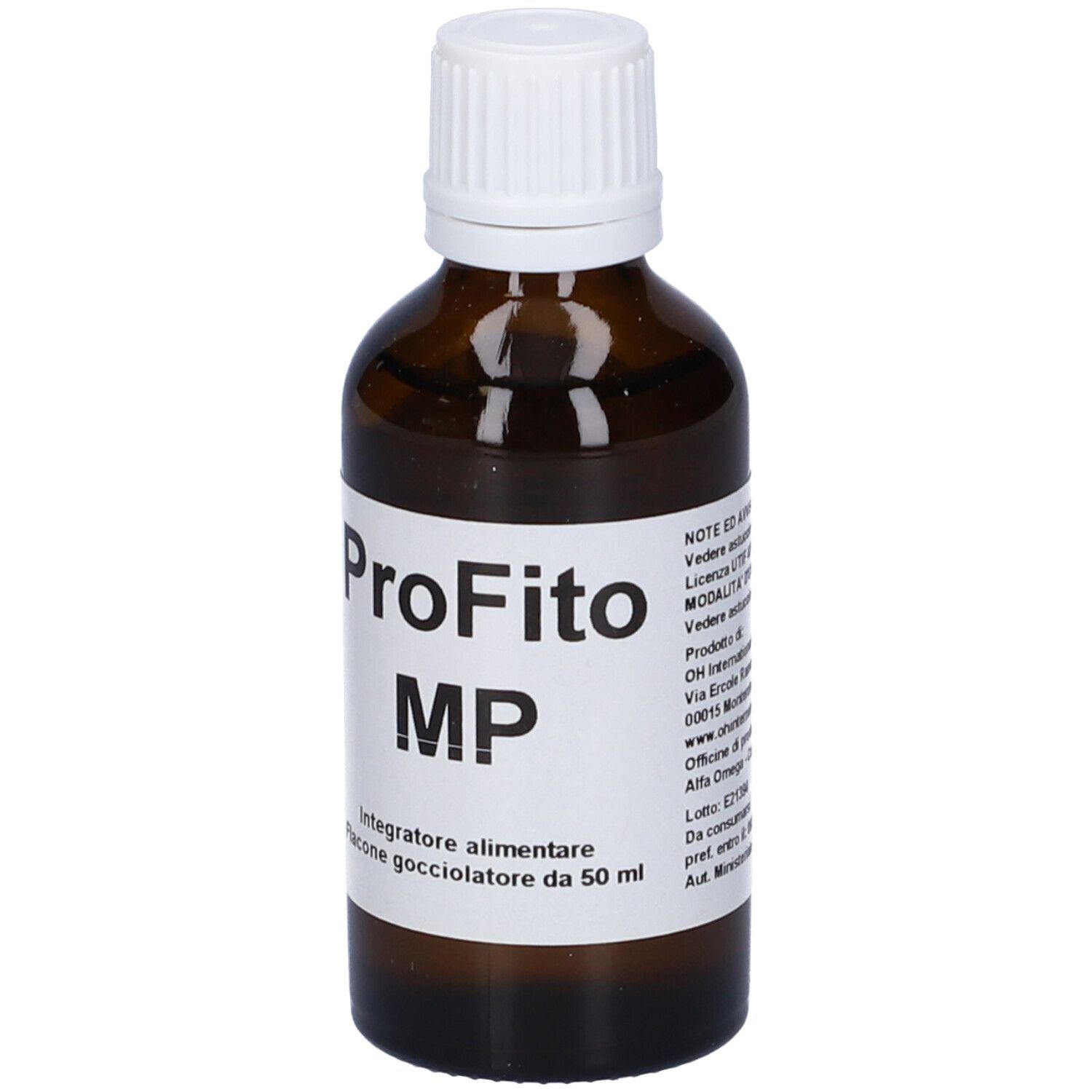 Flacone di vetro marrone con tappo bianco. Etichetta ProFito MP. Testo in italiano.
