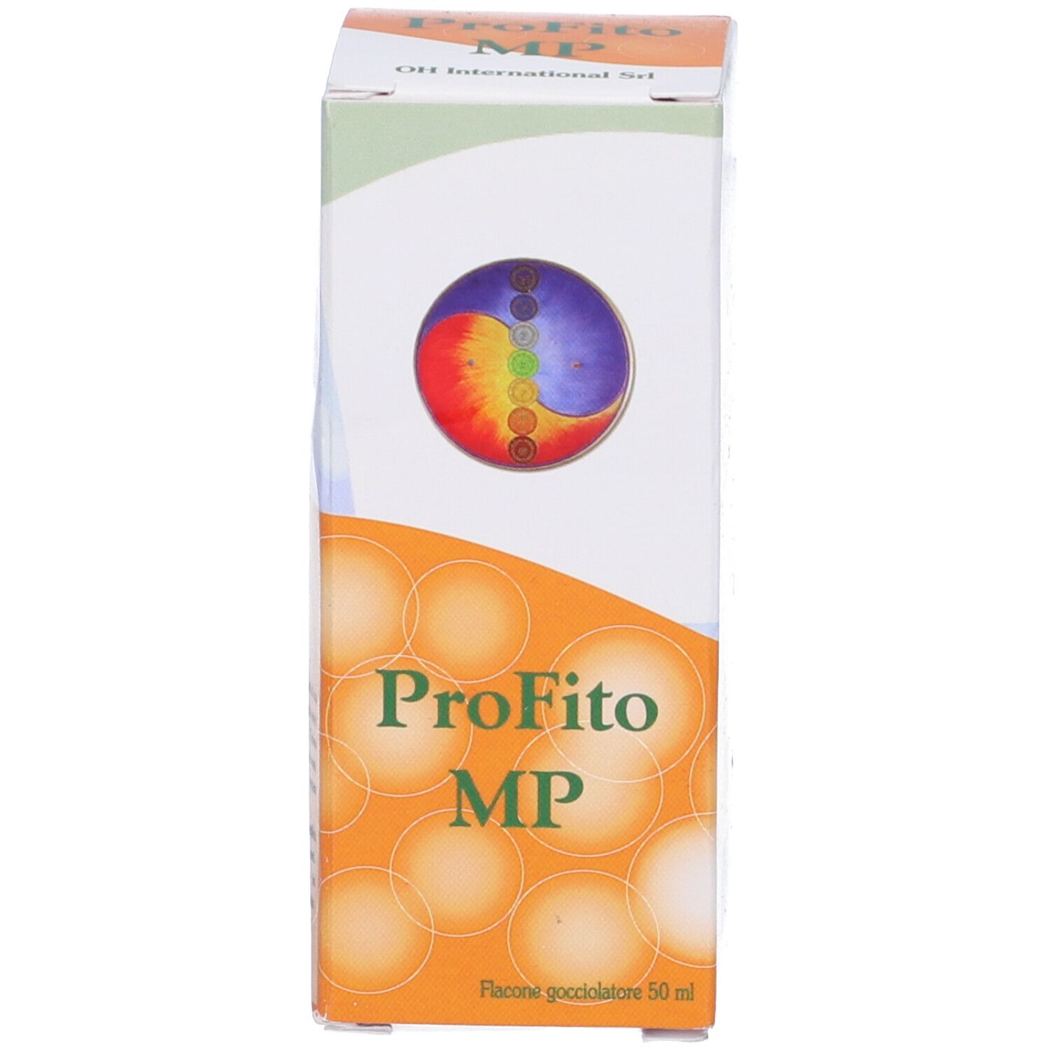 Scatola ProFito MP. Logo OH international Srl. Design circolare colorato. Scritta in italiano.
