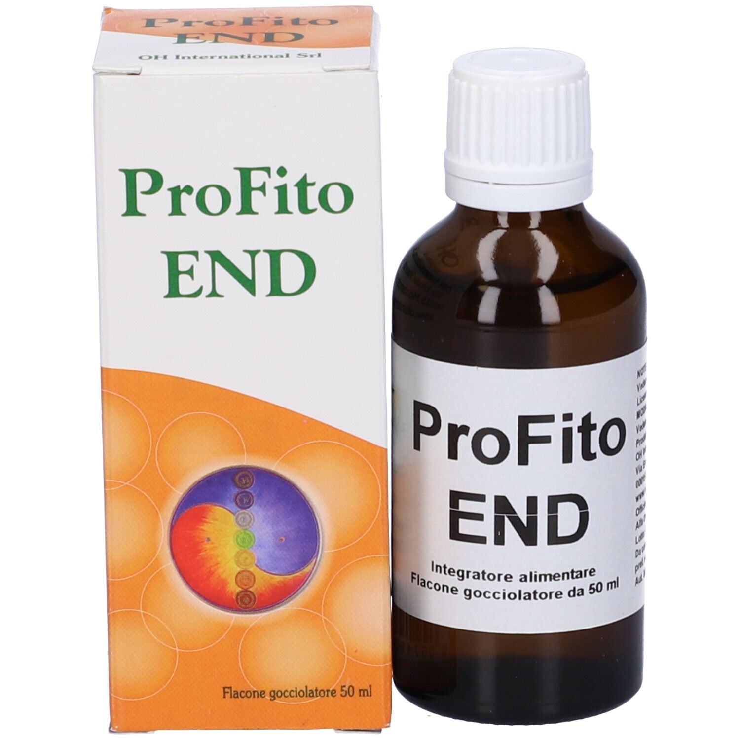 Produktverpackung und Flasche. Aufschrift: Profito End. Nahrungsergänzungsmittel. Flasche mit Tropfer.