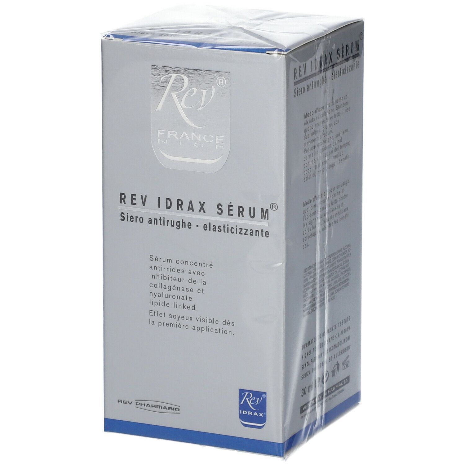 Confezione di Rev Idrax Serum. Scatola argentata con nome e logo del prodotto. Testo in tedesco e italiano.