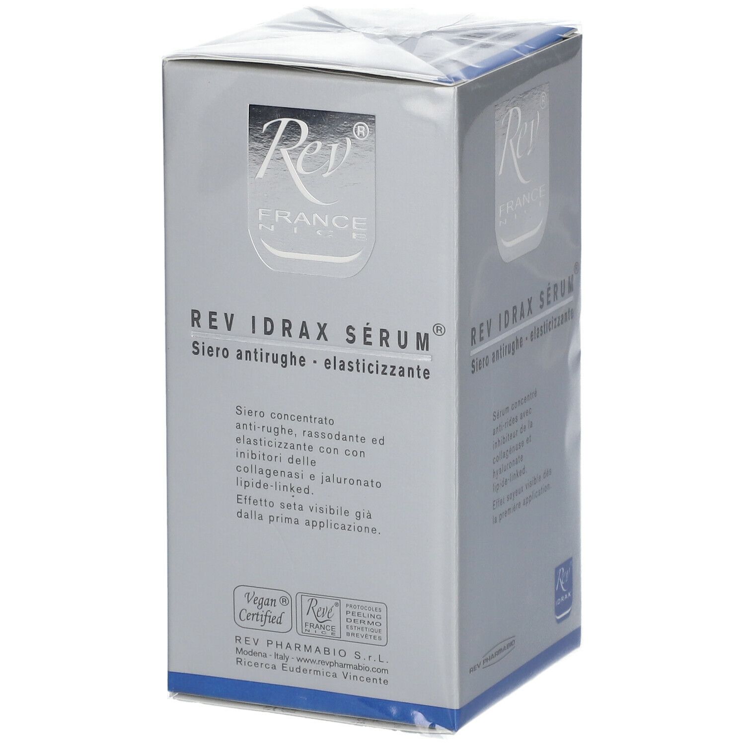Confezione di Rev Idrax Serum. Scatola argentata con nome e logo del prodotto. Certificazione vegana e di qualità.