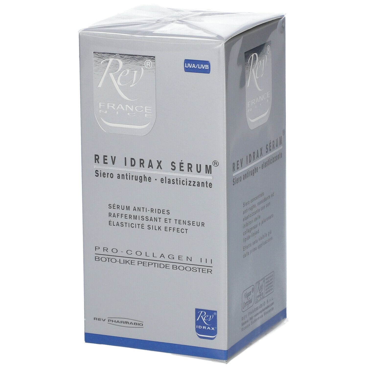 Confezione di Rev Idrax Serum. Scatola argentata con nome e logo del prodotto. Protezione UVA/UVB.