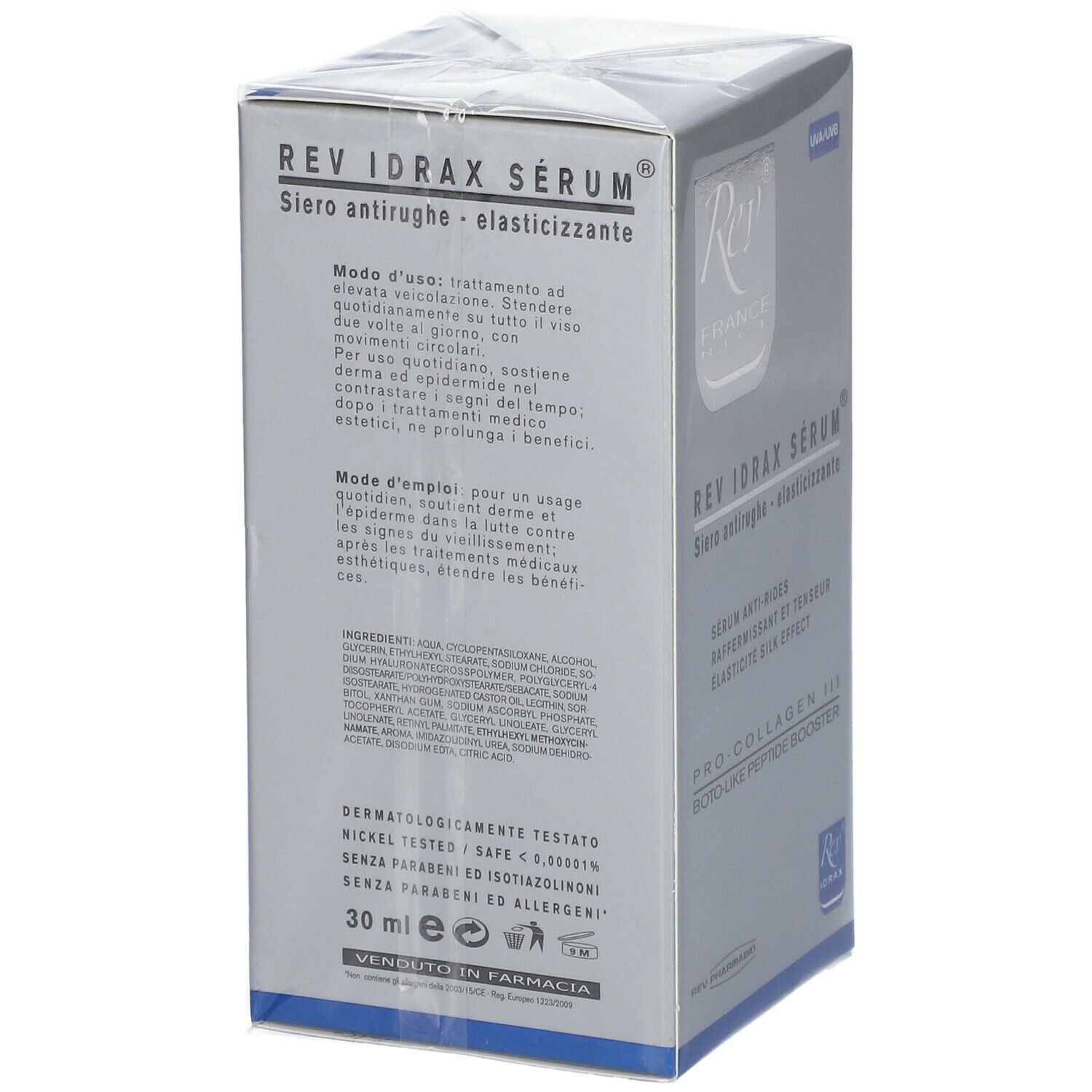 Confezione di Rev Idrax Serum. Scatola argentata con nome e logo del prodotto. Ingredienti e istruzioni per l'uso.