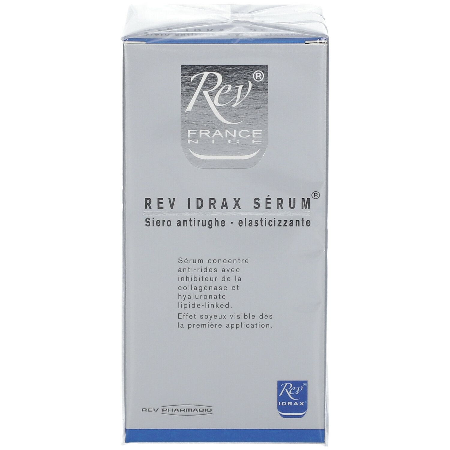 Confezione di Rev Idrax Serum. Scatola argentata con nome e logo del prodotto. Testo in francese e italiano.
