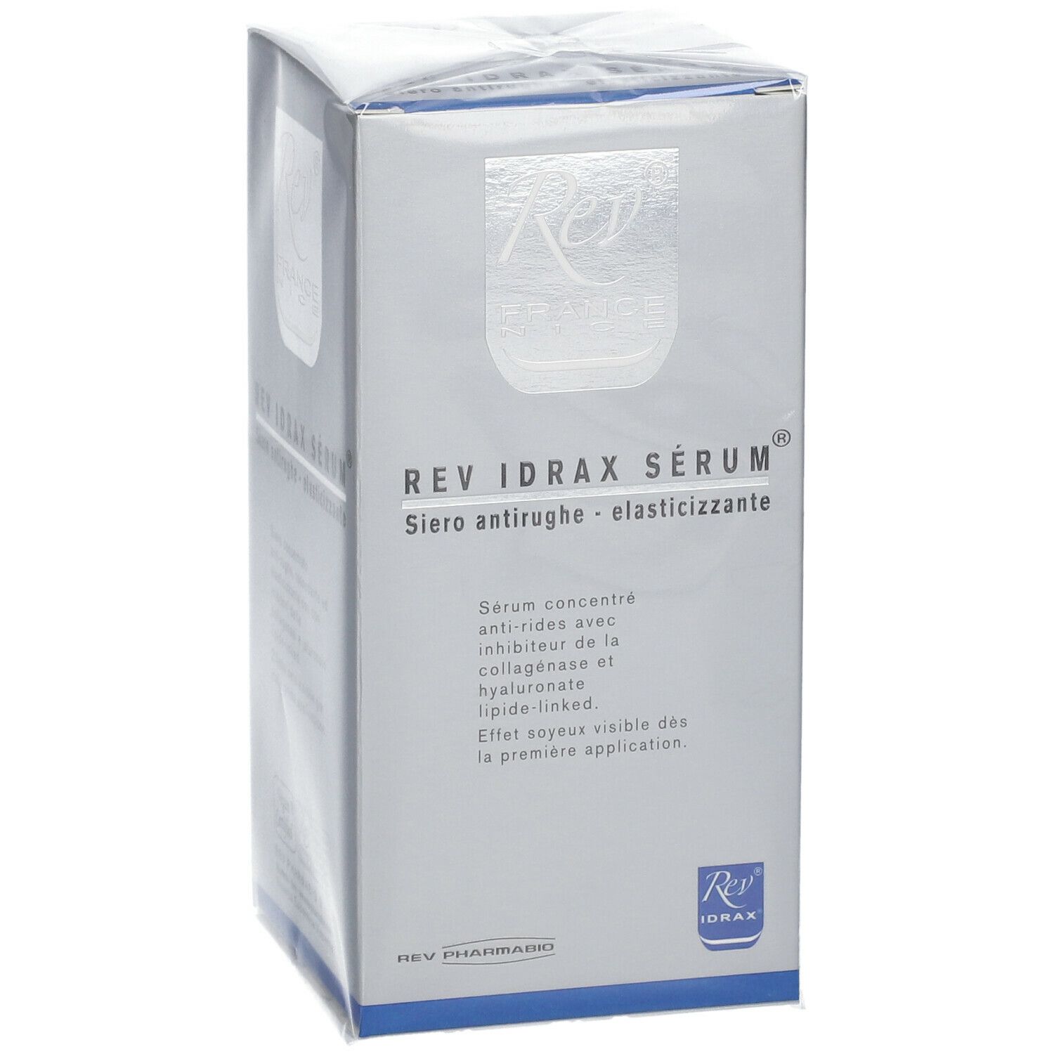 Confezione di Rev Idrax Serum. Scatola argentata con nome e logo del prodotto. Testo in francese e italiano.