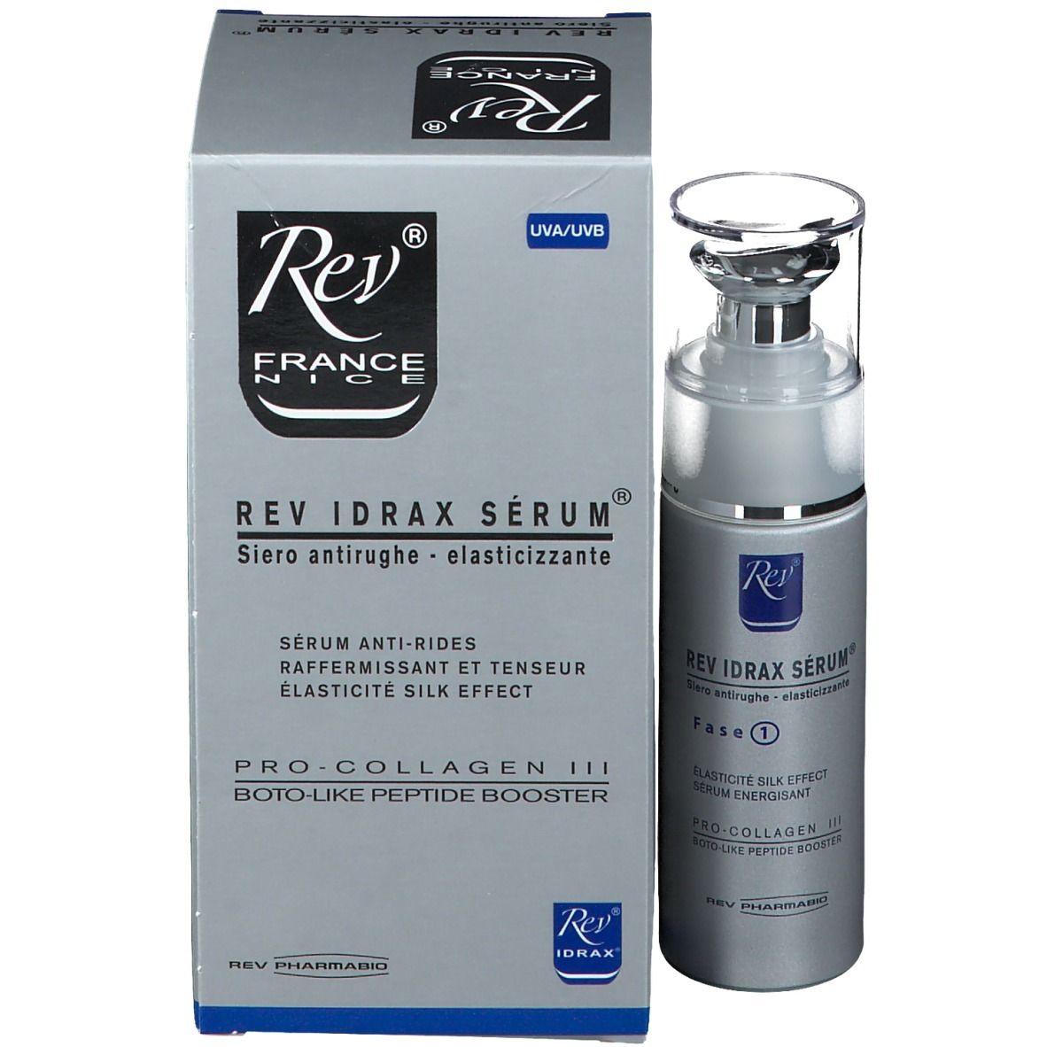Flacone e confezione Rev Idrax Serum. Flacone e scatola argentati con nome e logo del prodotto. UVA/UVB.