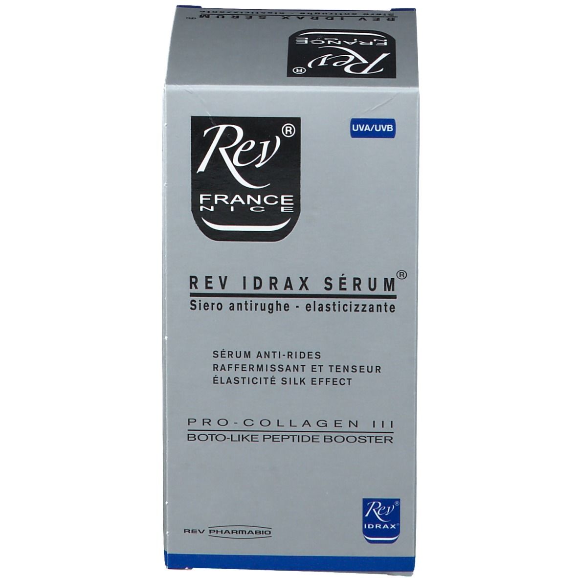 Confezione di Rev Idrax Serum. Scatola argentata con nome e logo del prodotto. Protezione UVA/UVB.