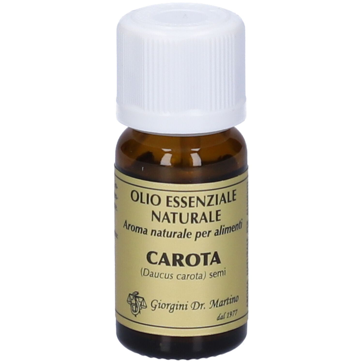 Flacone di vetro marrone con tappo bianco. Scritta: Olio Essenziale Naturale Carota. Marchio: Giorgini Dr. Martino.